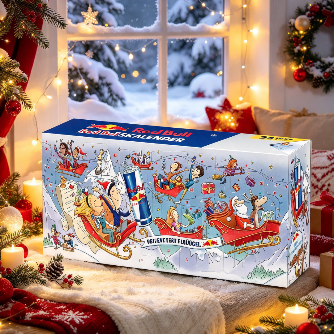 Ein festlicher Red Bull Adventskalender auf einer verschneiten Fensterbank, umgeben von Weihnachtsdeko.