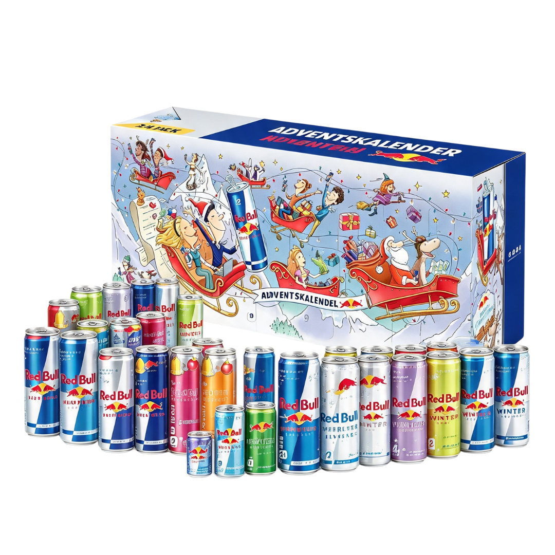 Ein Red Bull Adventskalender mit winterlicher Illustration, umgeben von verschiedenen Red Bull Dosen.
