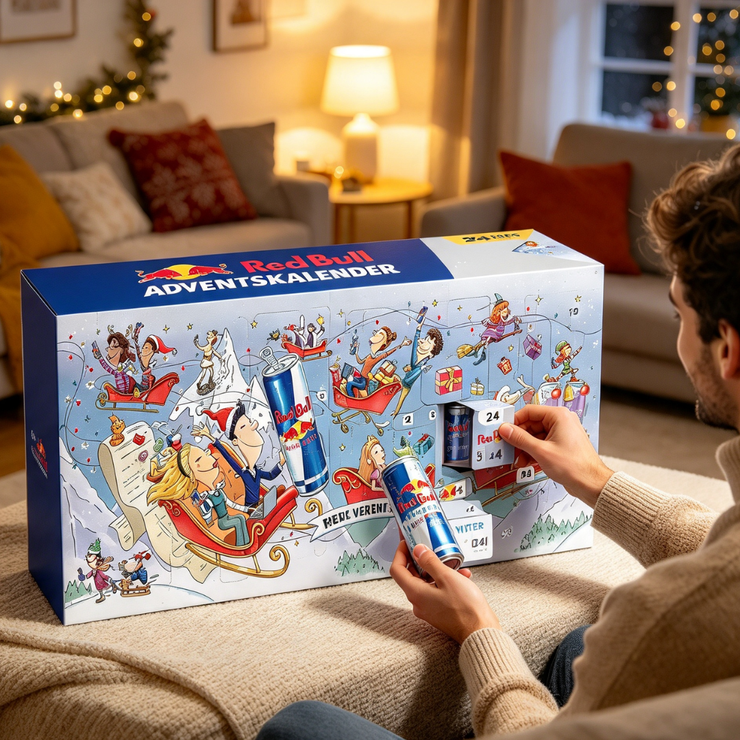Ein Mann öffnet einen großen Red Bull Adventskalender im Wohnzimmer.