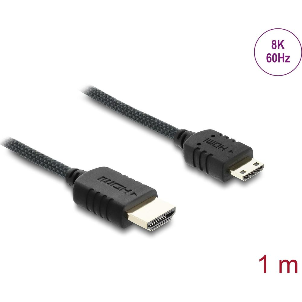 Ein schwarzes 1-Meter-HDMI-2.1-Kabel für 8K bei 60Hz mit vergoldeten Anschlüssen und Nylonummantelung.