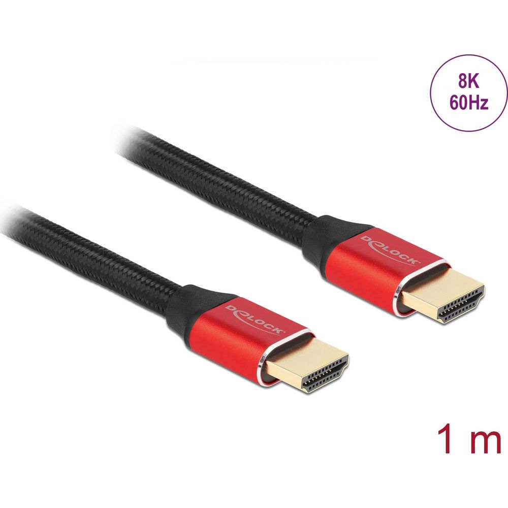 Zwei schwarze HDMI-Kabel mit roten Steckern und goldenen Kontakten vor weißem Hintergrund.