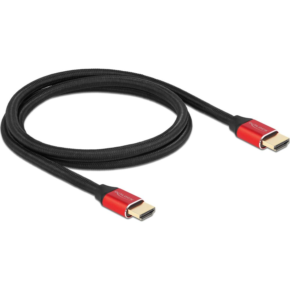 Ein schwarzes Kabel mit rot-goldenen HDMI-Steckern auf einer weißen Fläche.