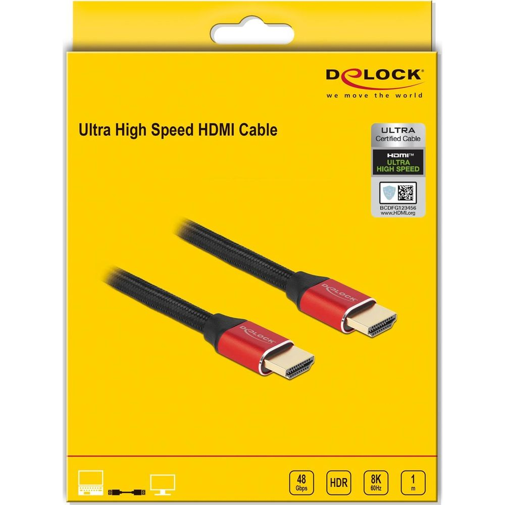 Gelbe Delock Ultra High Speed HDMI Kabel Produktverpackung mit zwei sichtbaren roten HDMI-Kabeln.