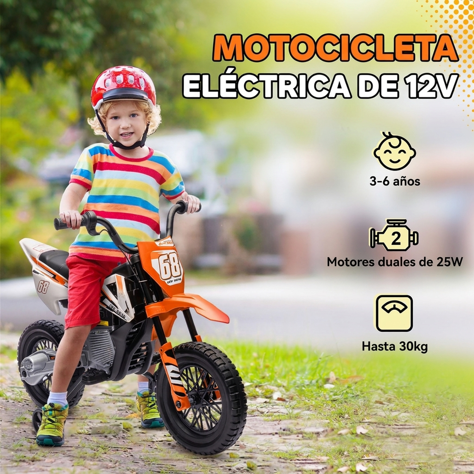 Niño pequeño con casco sentado en una motocicleta eléctrica infantil naranja.