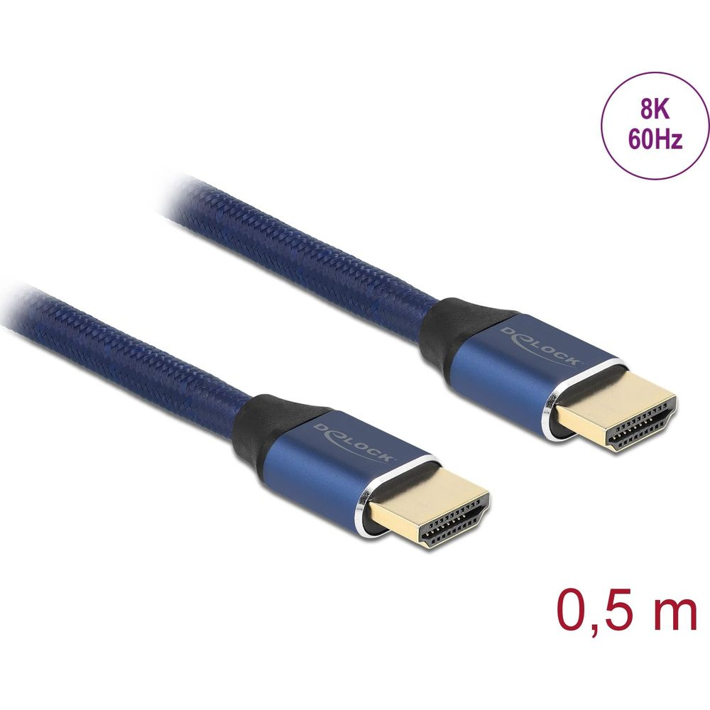 Blaues Delock HDMI-Kabel, 0,5 Meter lang, mit vergoldeten Anschlüssen auf weißem Hintergrund.