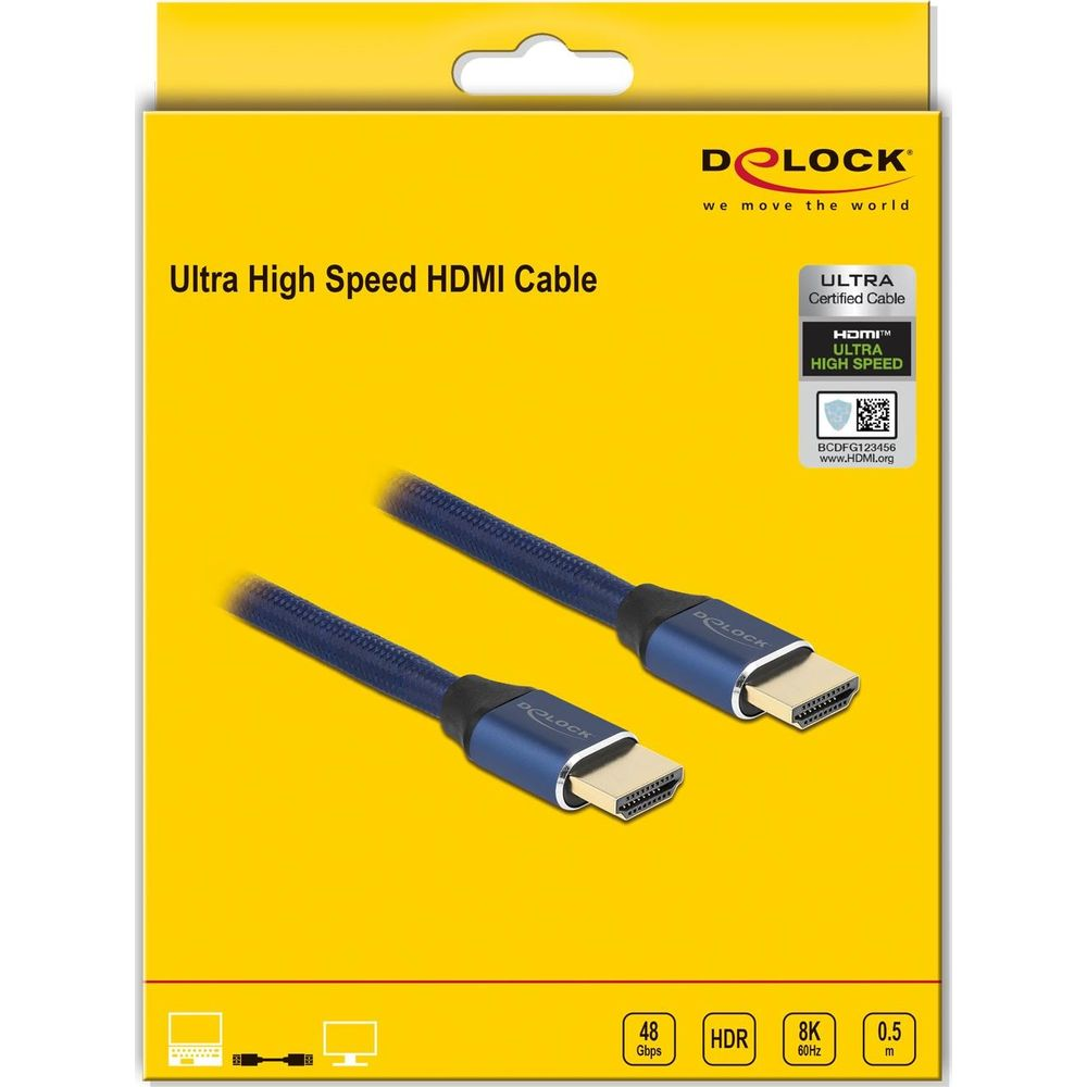 Gelbe Verpackung für ein blaues Delock Ultra High Speed HDMI-Kabel mit 8K- und HDR-Symbolen.