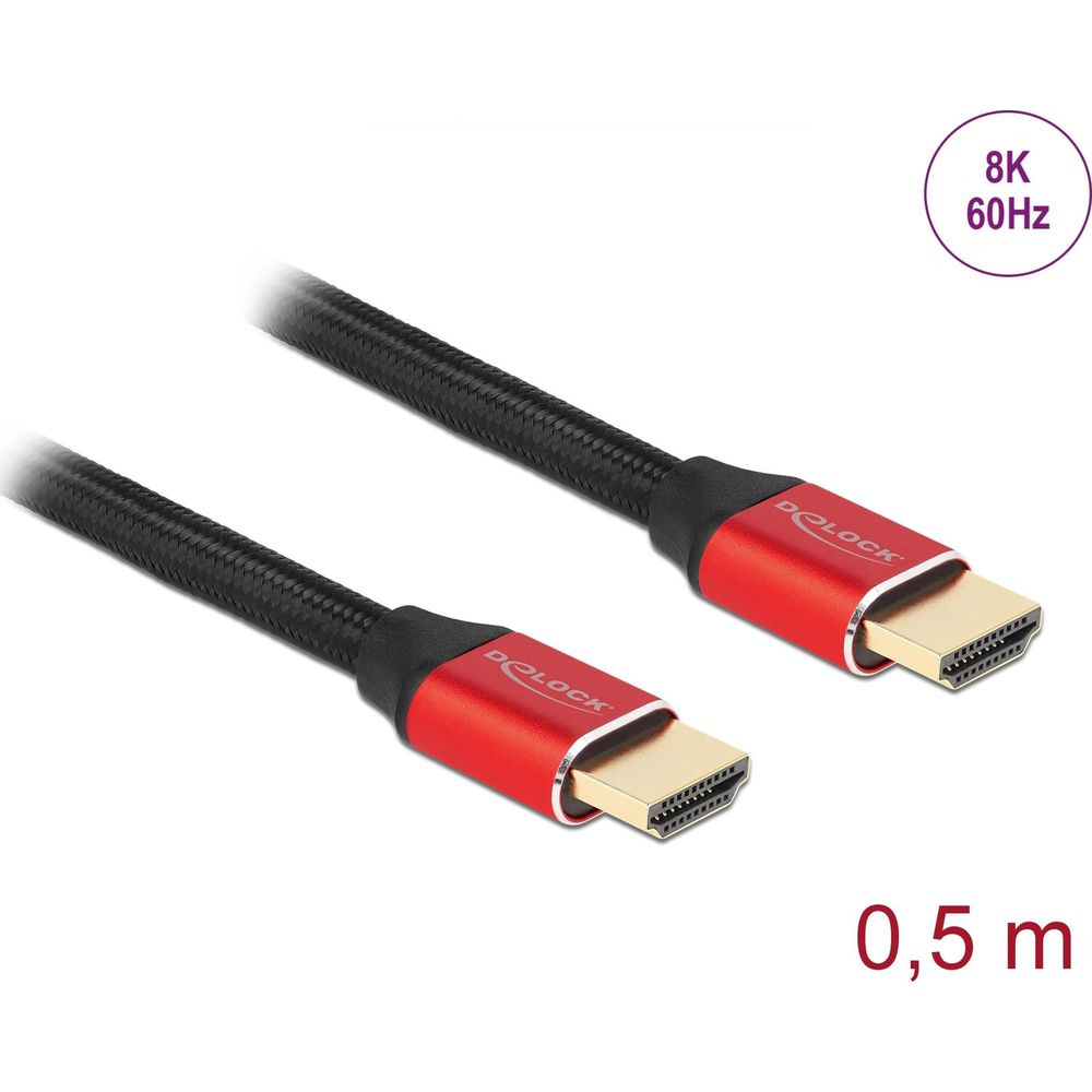 Ein schwarzes geflochtenes HDMI-Kabel mit roten Metallsteckern und goldenen Anschlüssen.