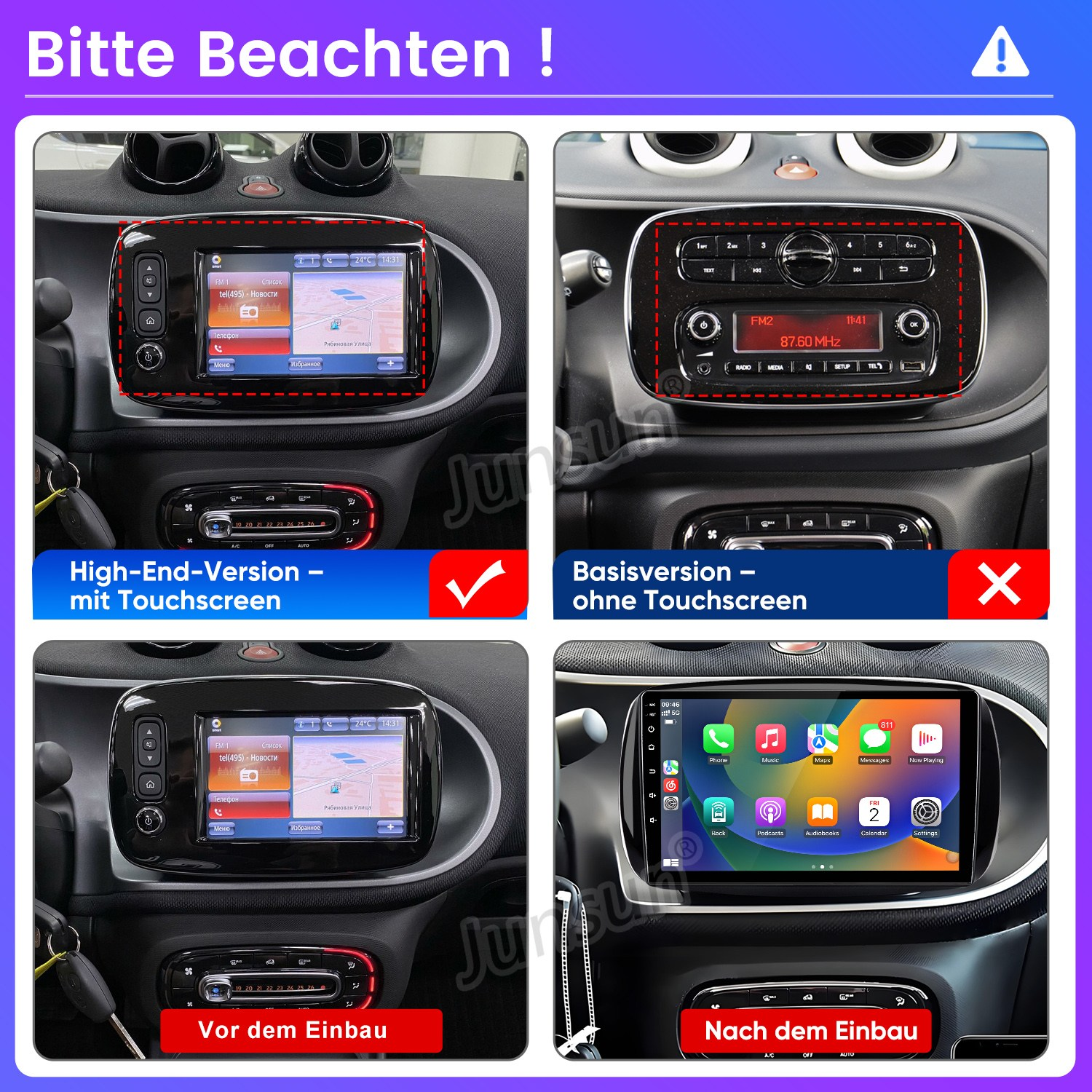 Vergleich der Auto-Instrumententafel vor und nach dem Einbau eines Touchscreen-Radios.