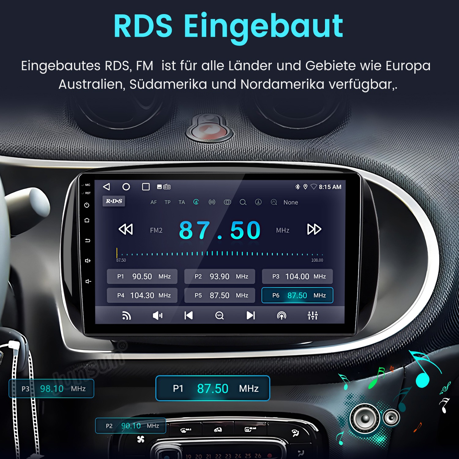 Autoradio mit großem Touchscreen, FM-Radioanzeige und integriertem RDS in einem Autocockpit.