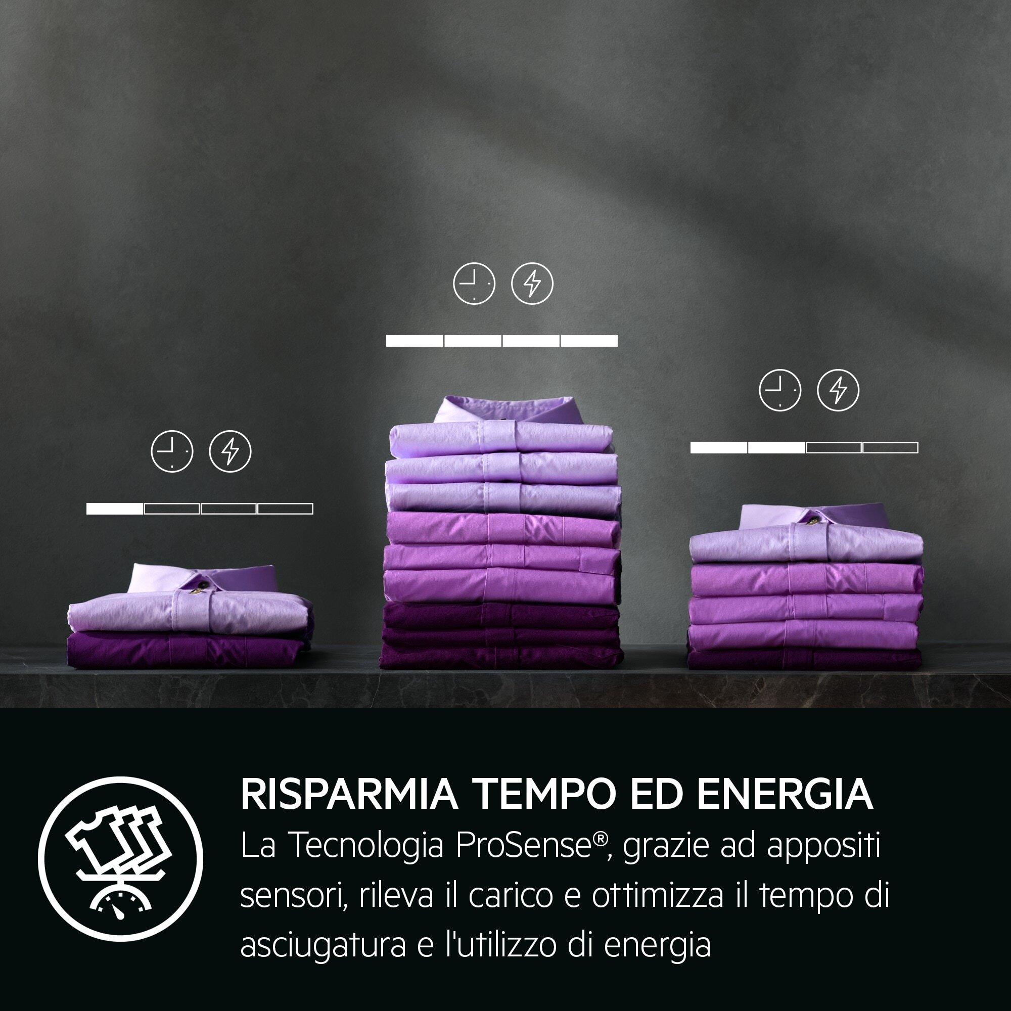 Tre pile di camicie viola con indicatori di tempo ed energia sopra su sfondo scuro.
