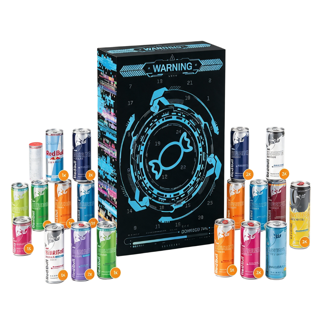 Ein großer schwarzer Adventskalender mit blauen futuristischen Mustern, umgeben von verschiedenen Red Bull Dosen.