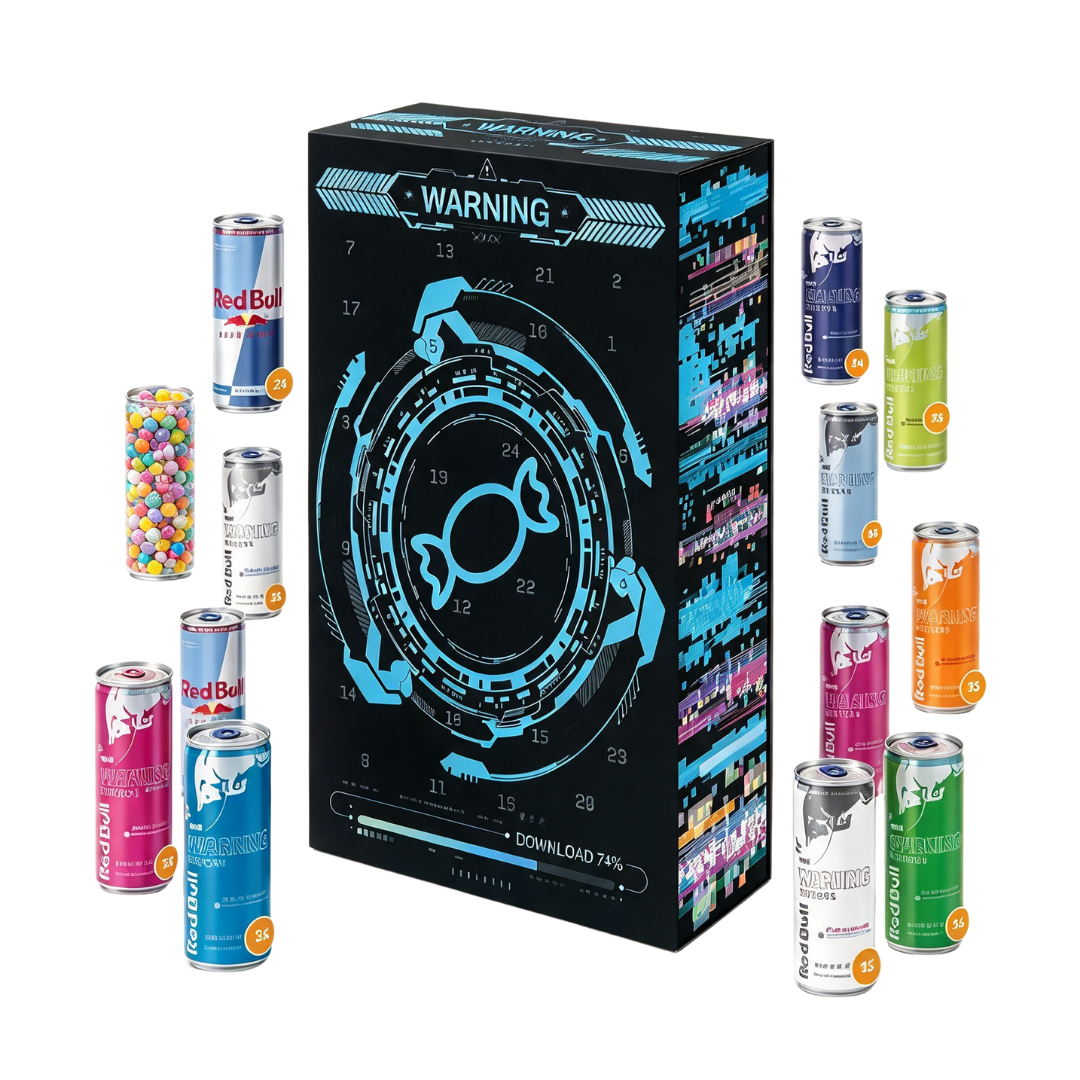 Ein schwarzer Adventskalender umgeben von bunten Red Bull Dosen und einer Süßigkeitenröhre.