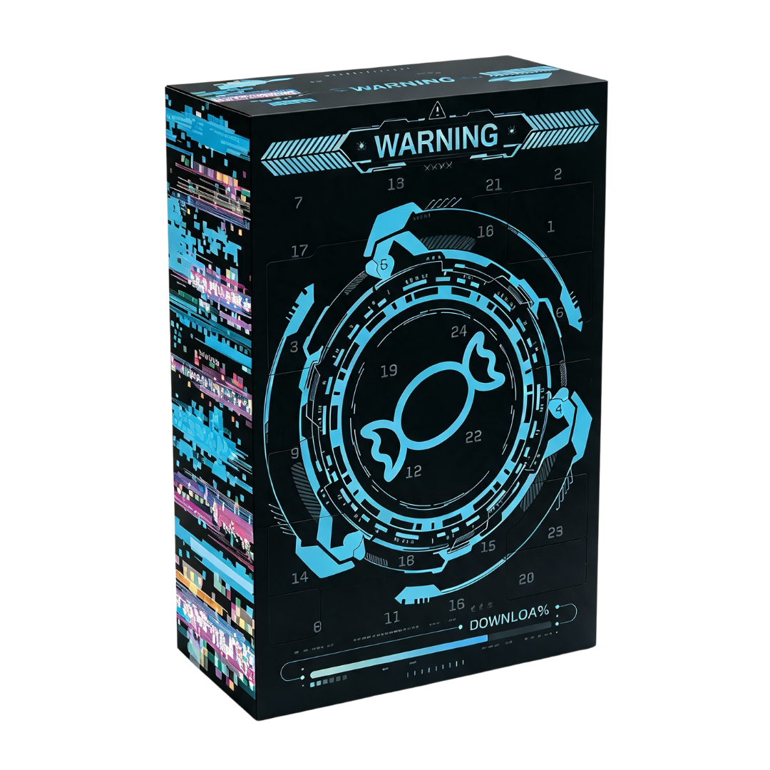 Eine schwarze Schachtel mit futuristischem blauen Tech-Design, Warnschildern, Nummern und einem Bonbon-Symbol.