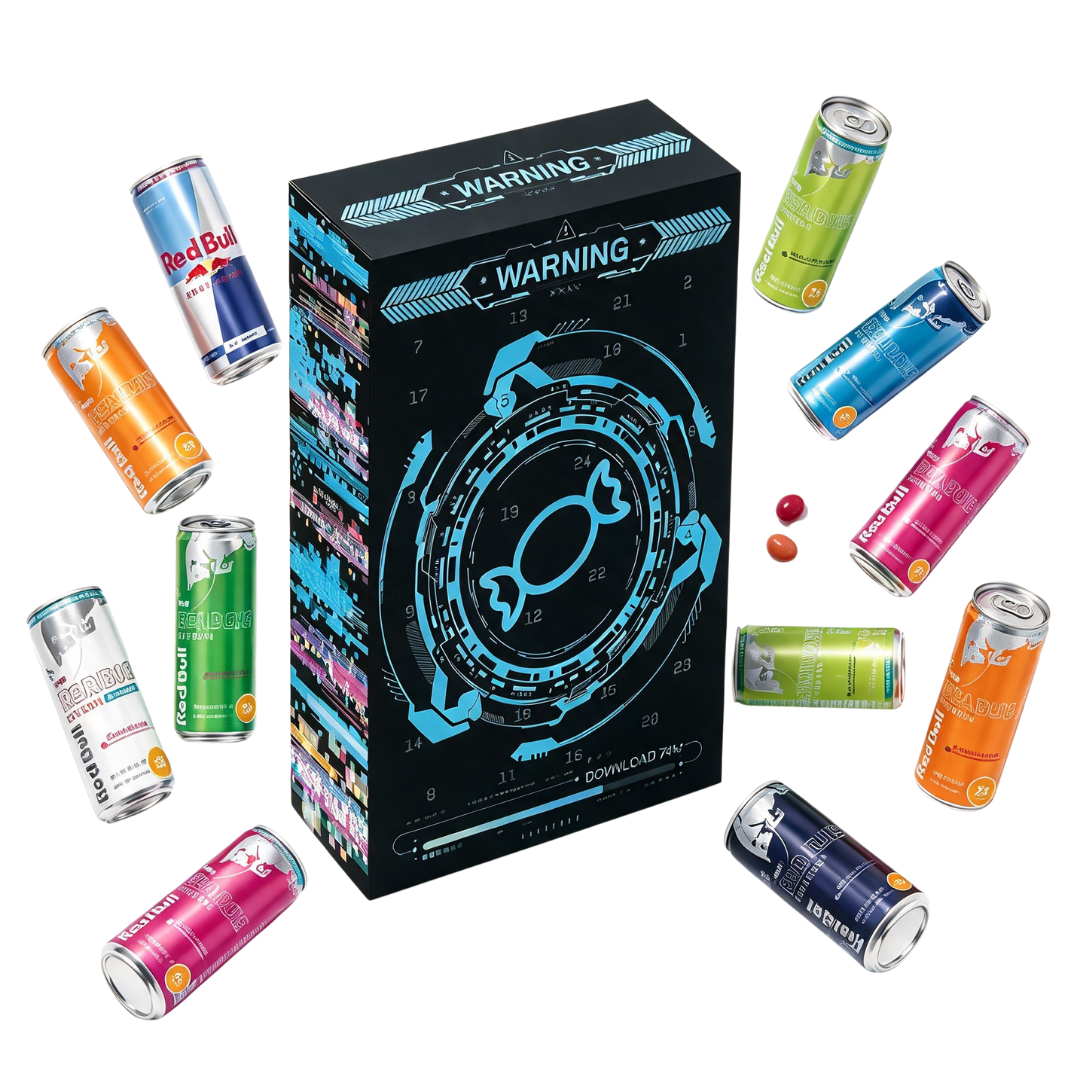 Eine schwarze Schachtel mit blau leuchtenden Motiven ist von bunten Red Bull Dosen und Gummibärchen umgeben.