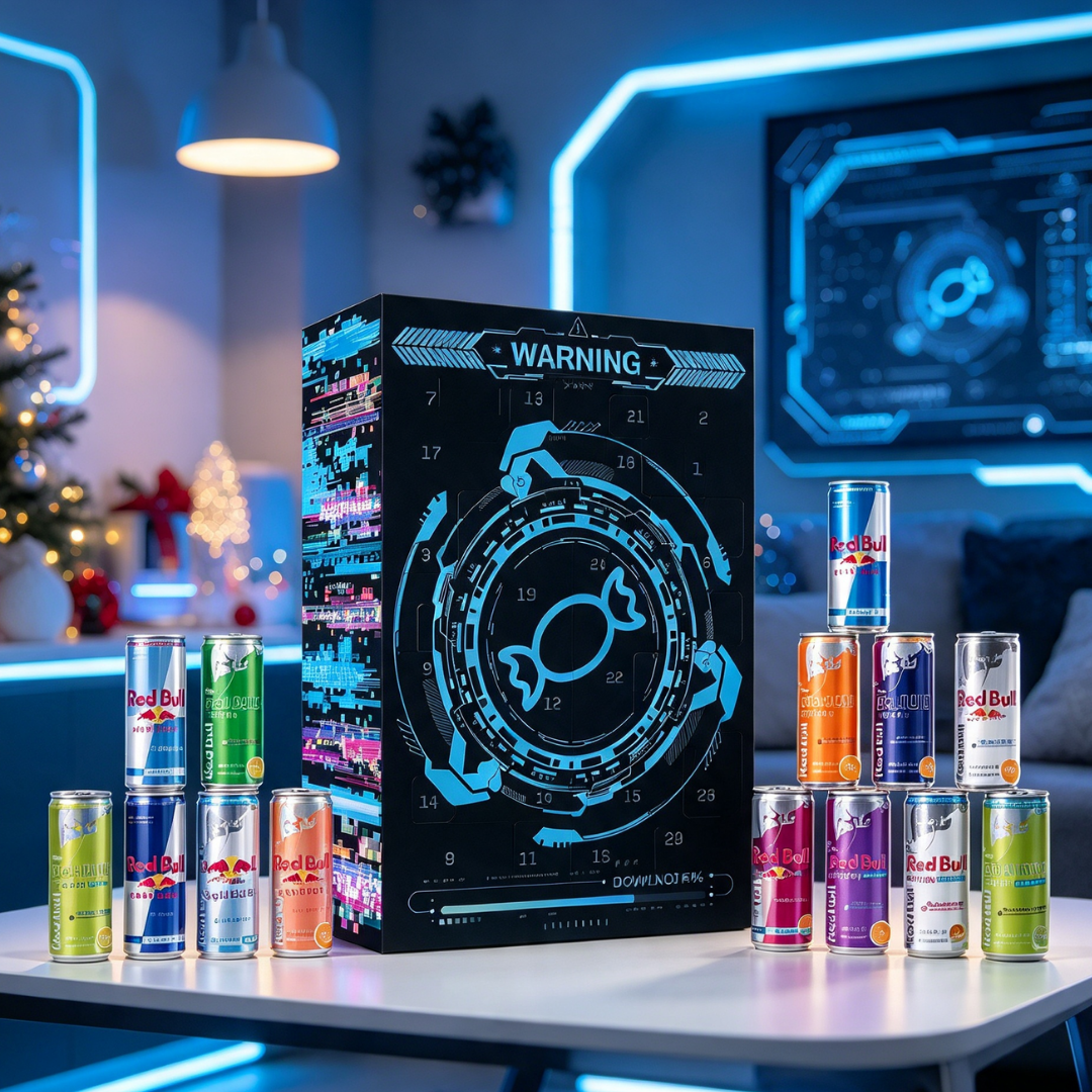 Ein großer, schwarzer Kalender mit blauen futuristischen Mustern steht auf einem Tisch, umgeben von Red Bull-Dosen.