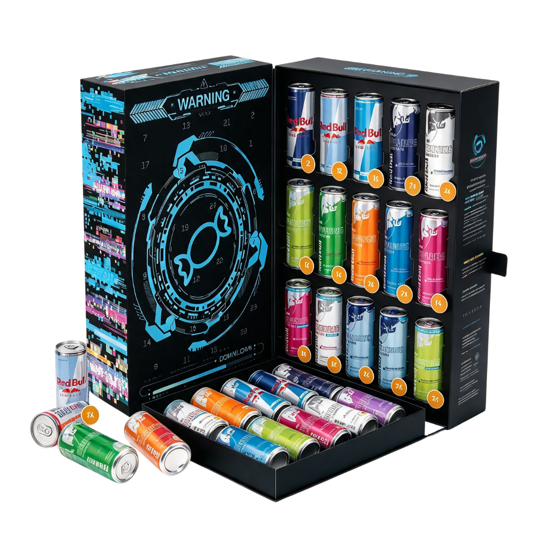 Ein offener schwarzer Adventskalender mit verschiedenen Red Bull Dosen innen und mehreren Dosen draußen.