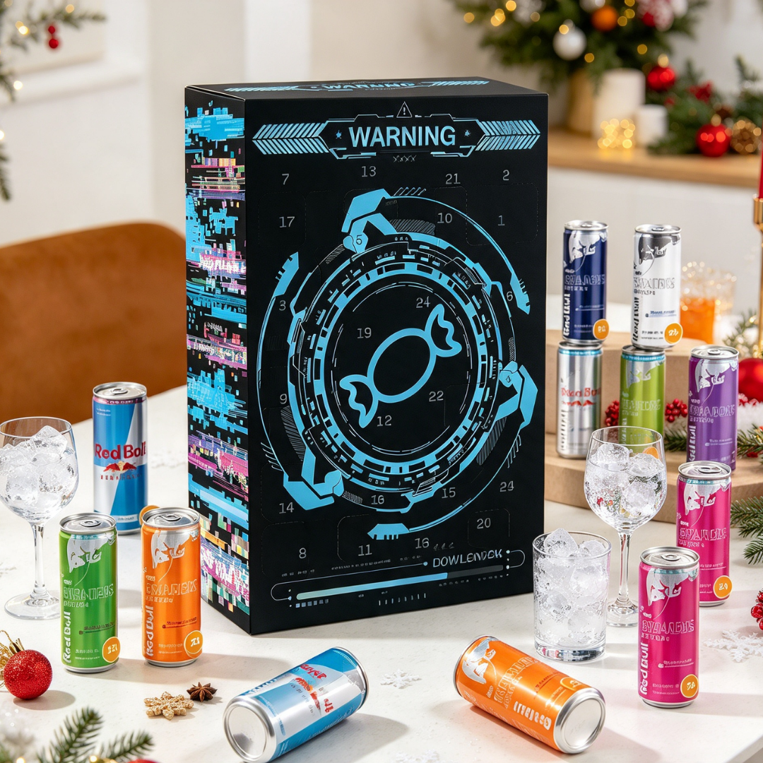 Ein schwarzer Adventskalender mit blauer Grafik, umgeben von bunten Red Bull Dosen und Gläsern auf einem Festtisch.