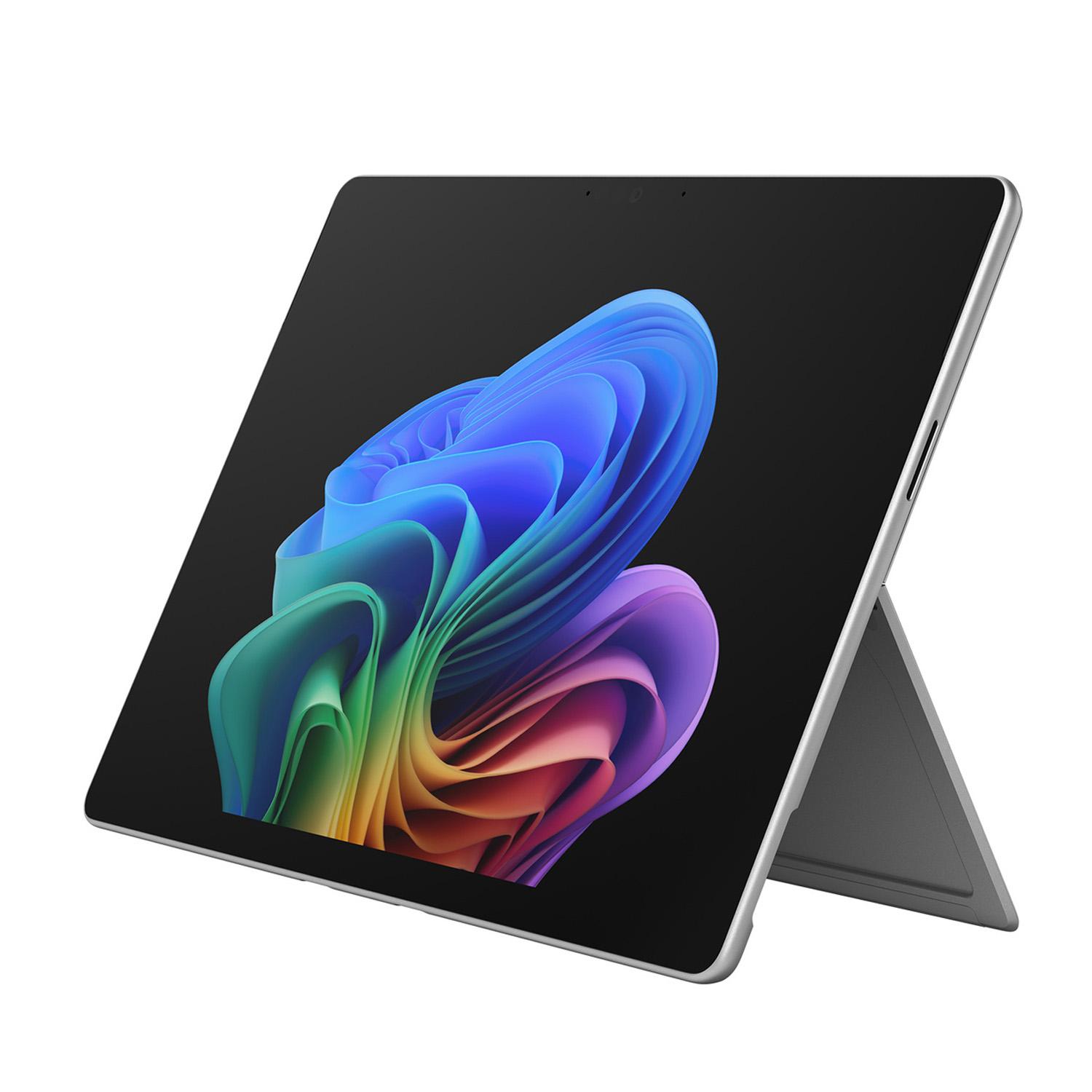 Ein silbernes Tablet mit integriertem Ständer zeigt ein buntes, abstraktes Hintergrundbild auf dem Bildschirm.