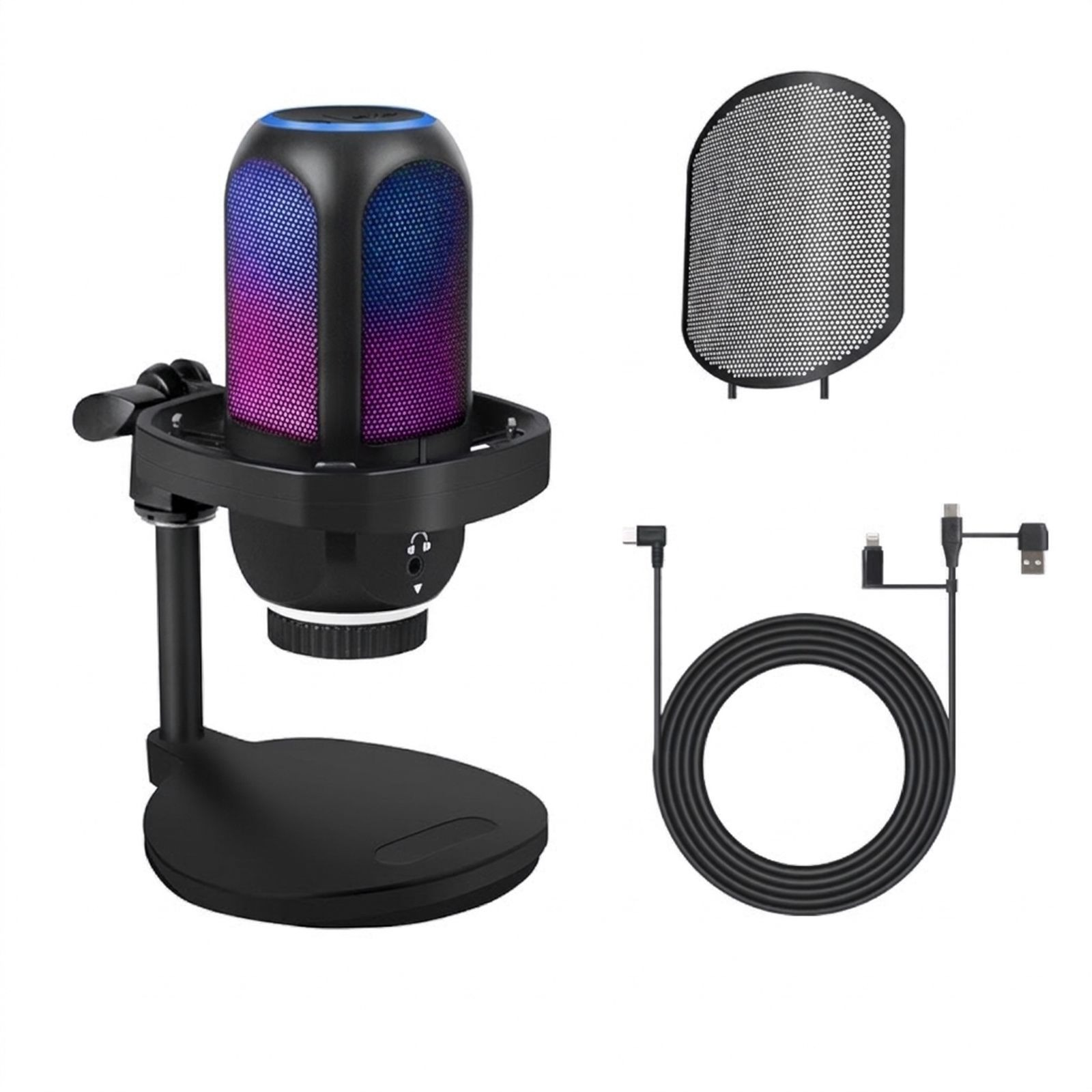 Ein schwarzes USB-Mikrofon auf einem Ständer mit bunter RGB-Beleuchtung, Pop-Schutz und Mehrfachkabel.