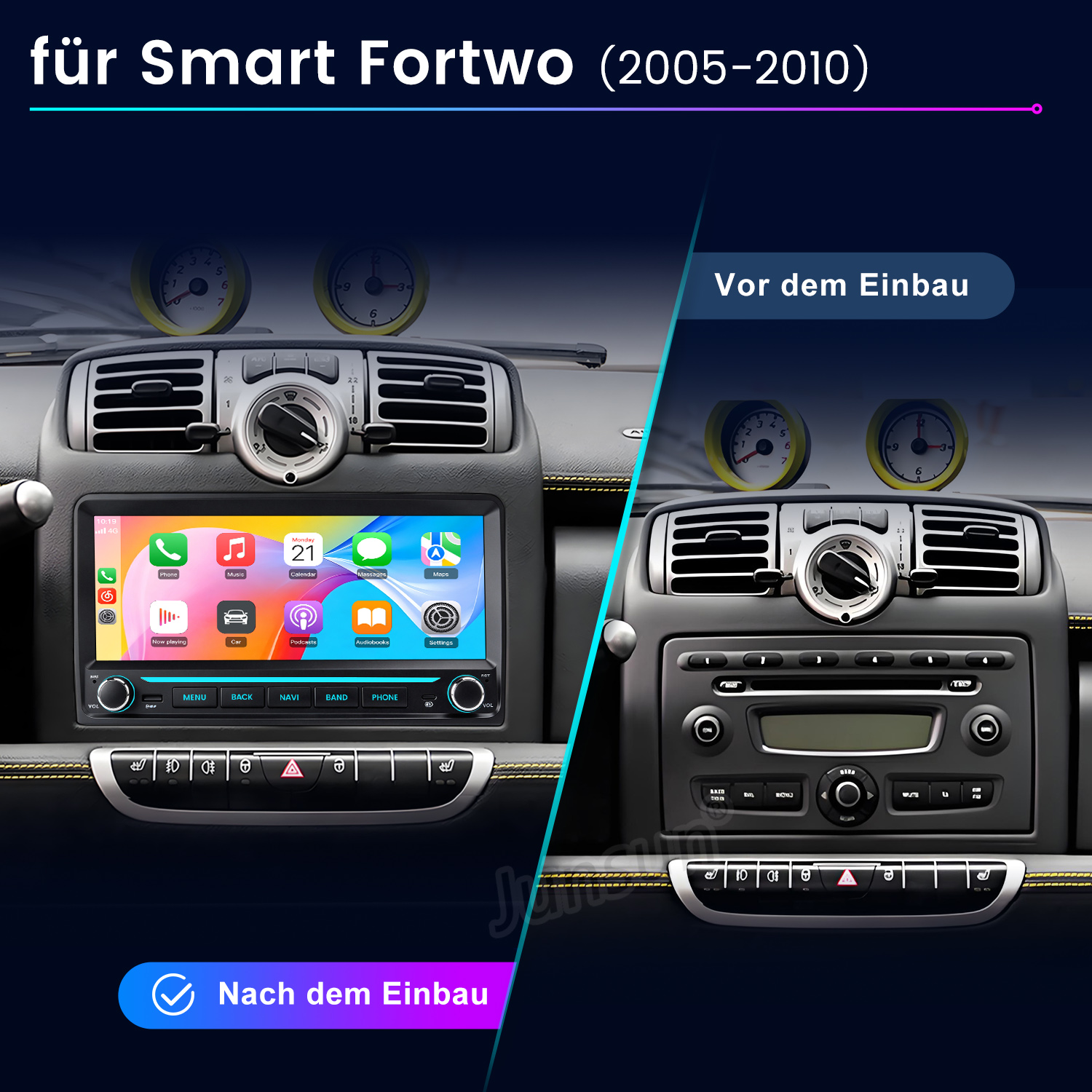 Vergleich eines Smart Fortwo Armaturenbretts vor und nach der Installation eines neuen Multimediasystems.