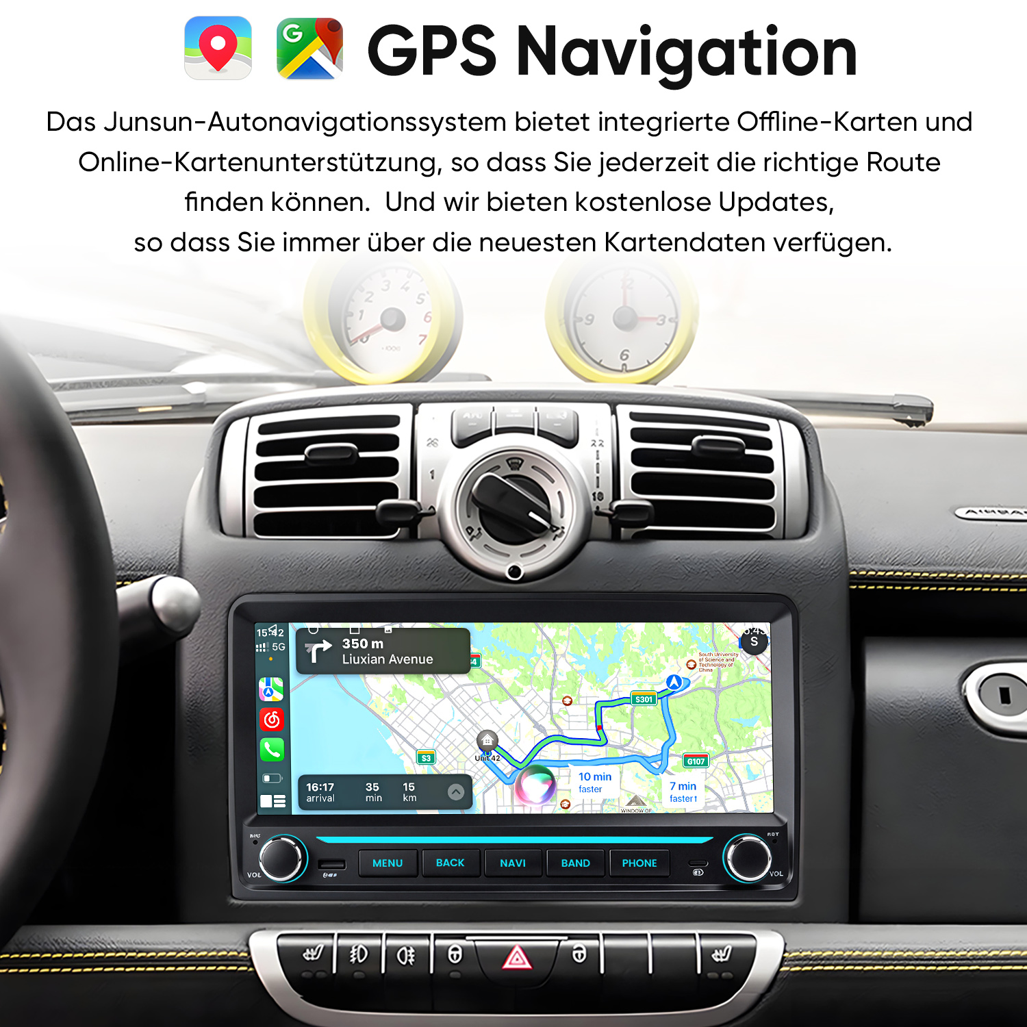 Armaturenbrett eines Autos mit integriertem GPS-Navigationsbildschirm, der eine Kartennavigation zeigt.