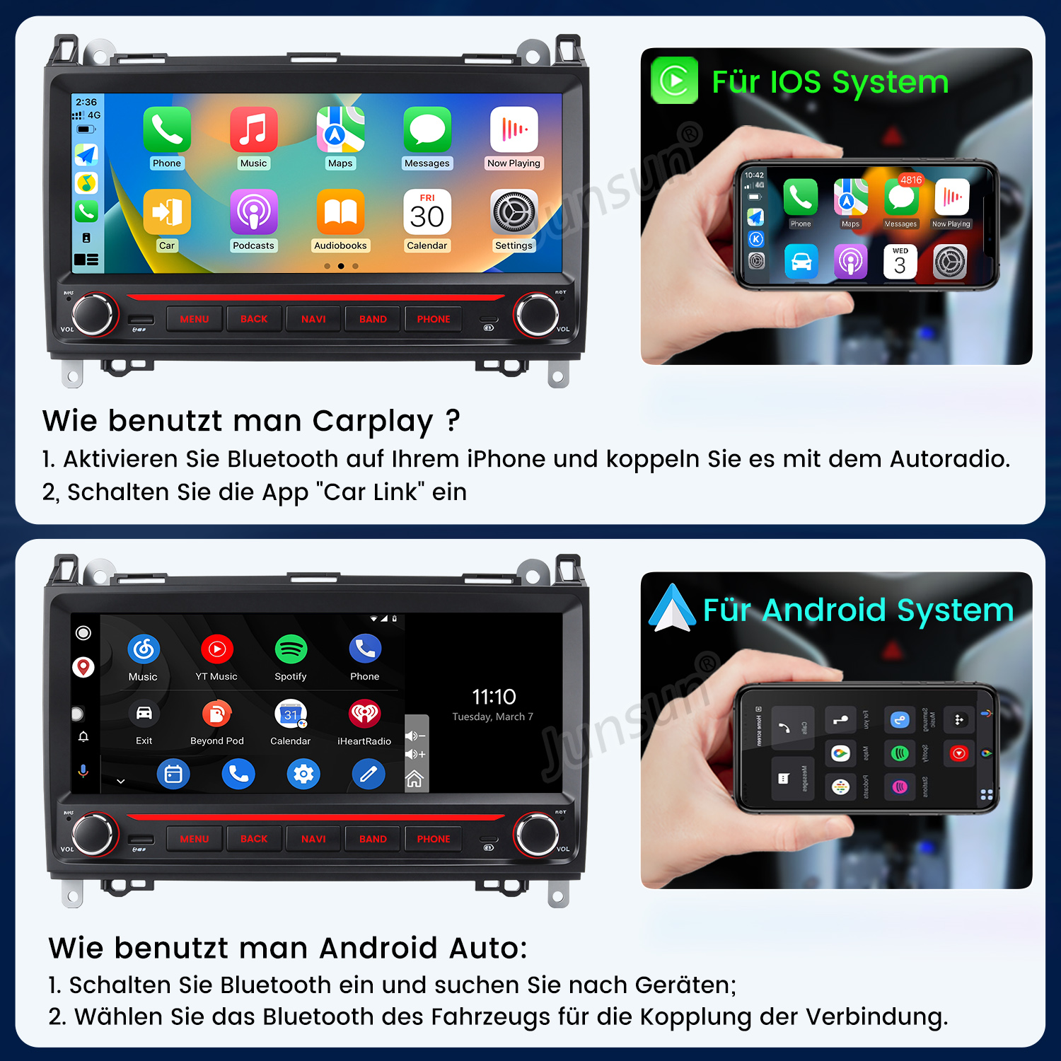 Anleitung zur Nutzung von Carplay und Android Auto auf einem Autoradio mit Smartphone-Verbindung.