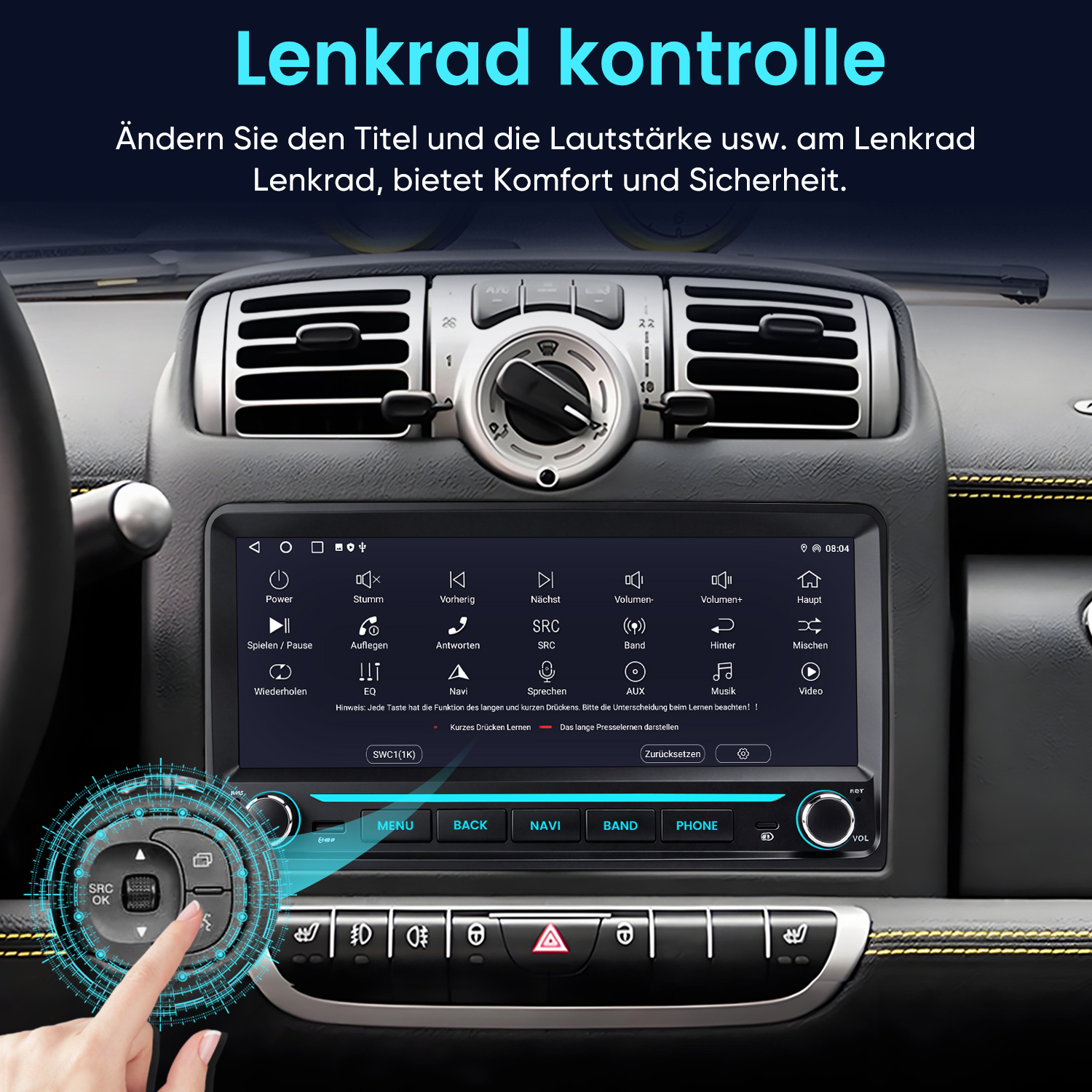 Autoinnenraum mit Touchscreen-Infotainment-System und Lenkradsteuerung.