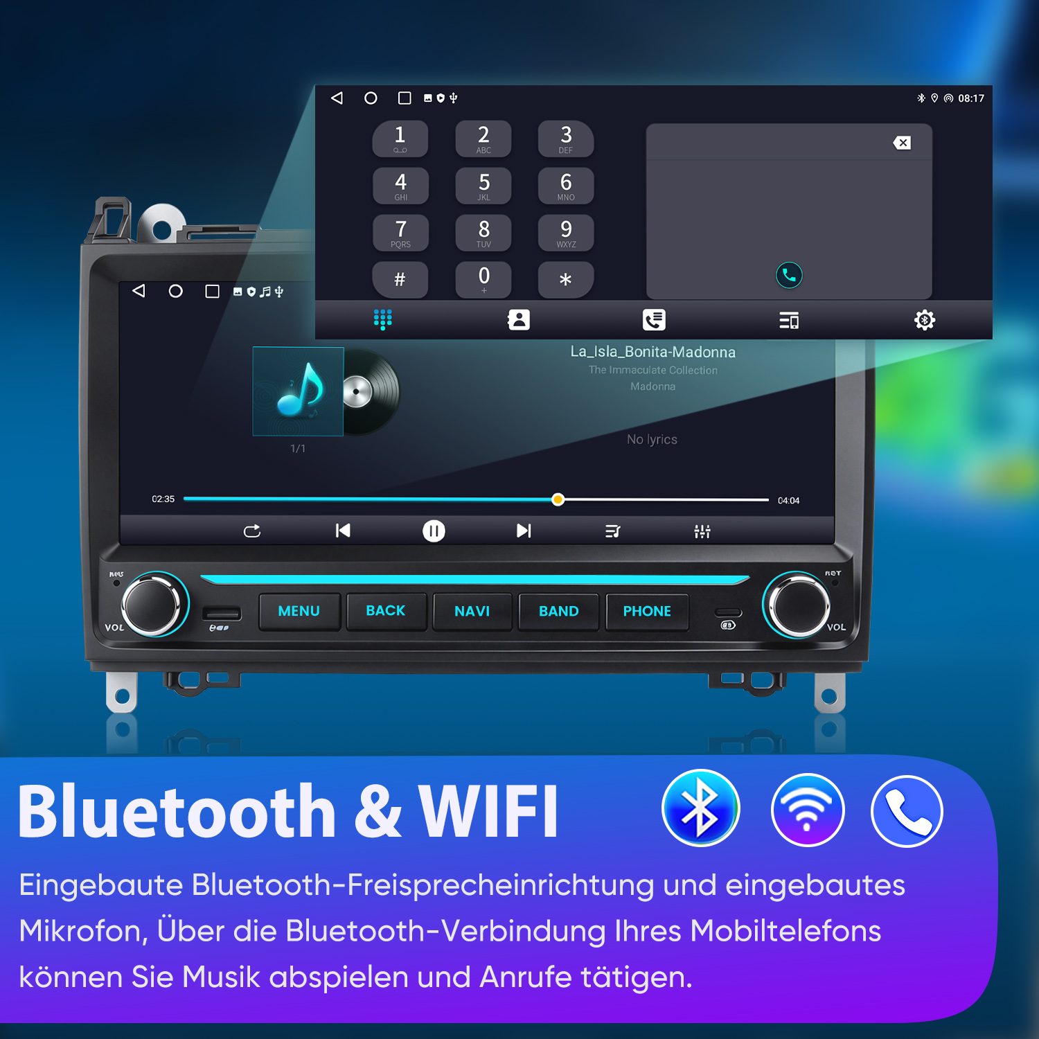 Autoradio mit Touchscreen zeigt Musikwiedergabe und ein eingeblendetes Tastenfeld für Anrufe.