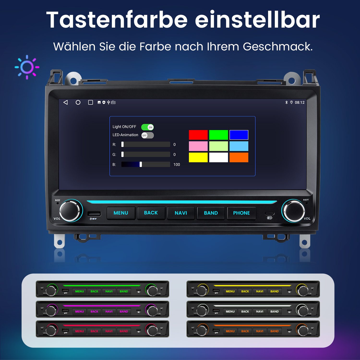 Autoradio mit Touchscreen und anpassbarer Tastenbeleuchtung in verschiedenen Farben.