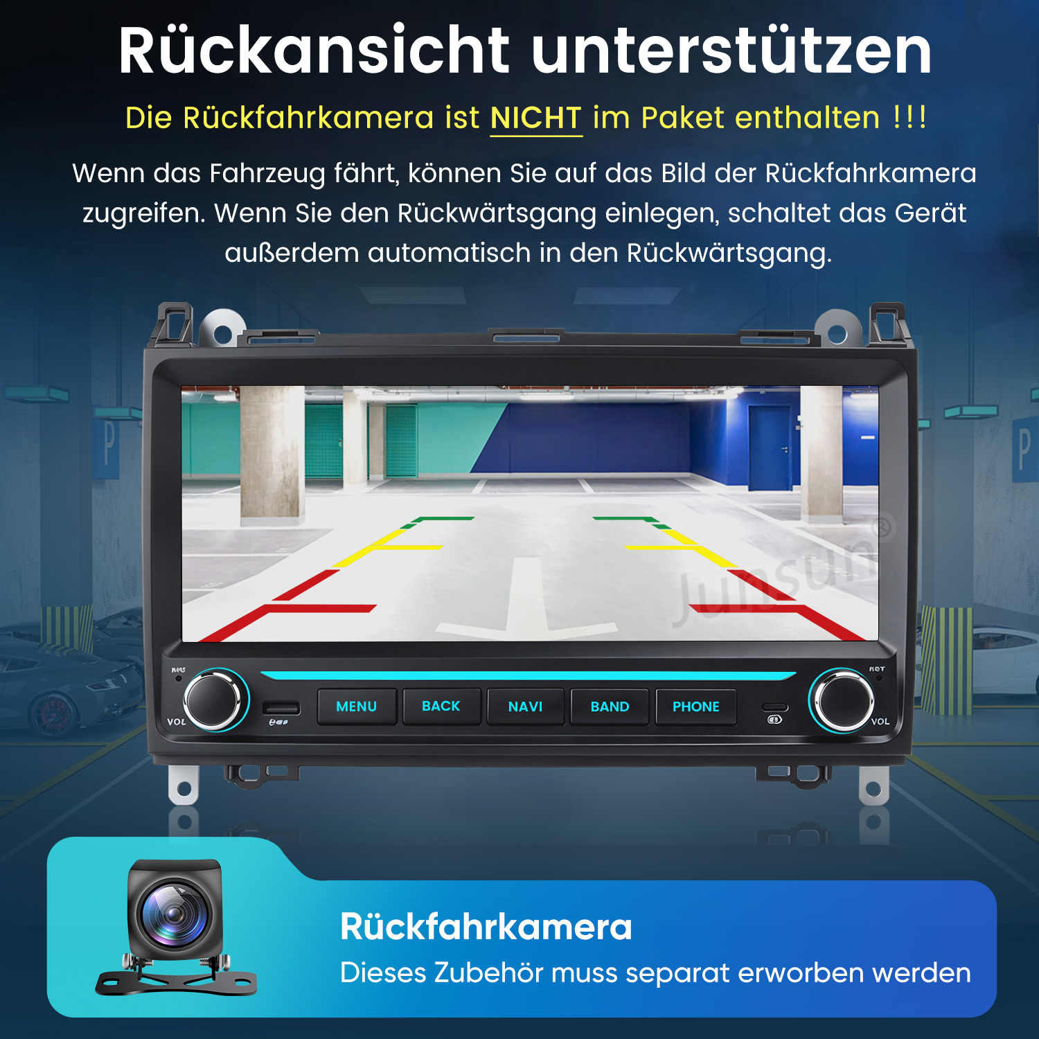 Autoradio mit Bildschirm zeigt eine Rückfahrkameraansicht mit Parklinien in einer Tiefgarage.