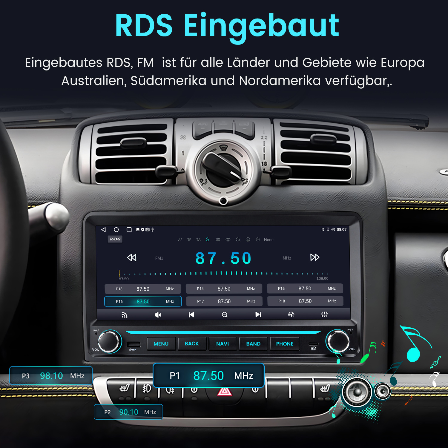 Autobildschirm mit RDS-Radiooberfläche, Klimaanlagenlüftung und Knöpfen im Armaturenbrett.