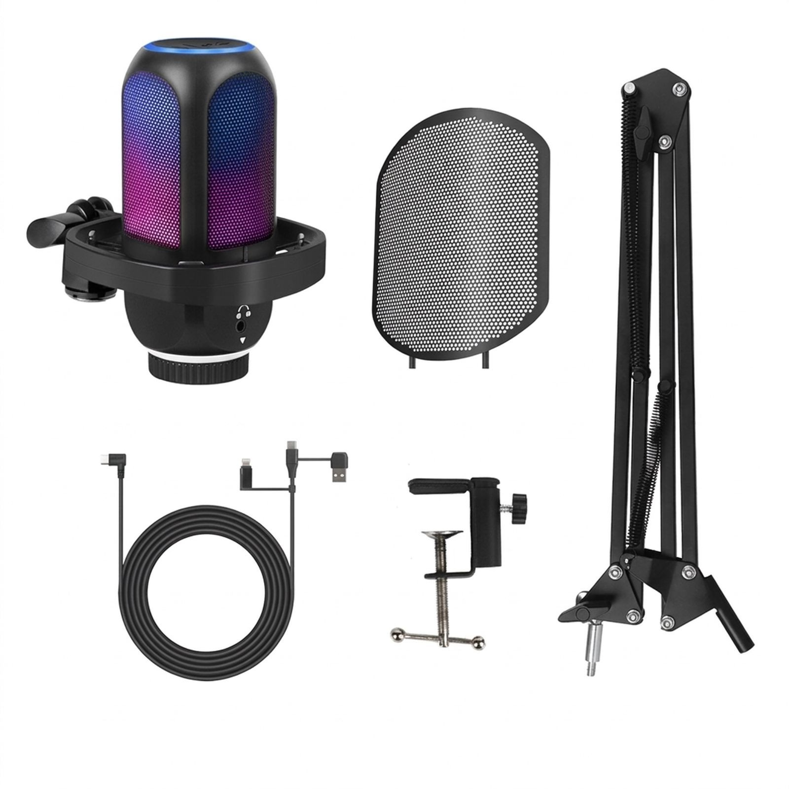 Ein RGB-Mikrofon mit Ständer, Popschutz, Klemme und Kabel auf weißem Grund.