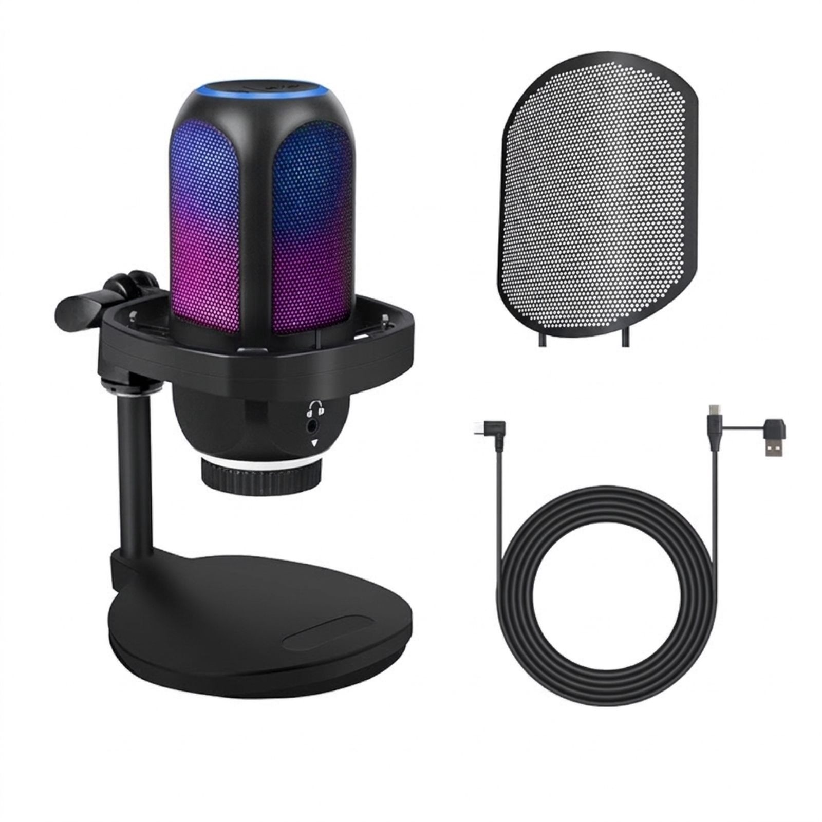 Schwarzes RGB-Mikrofon auf einem Ständer mit Pop-Filter und Kabel.