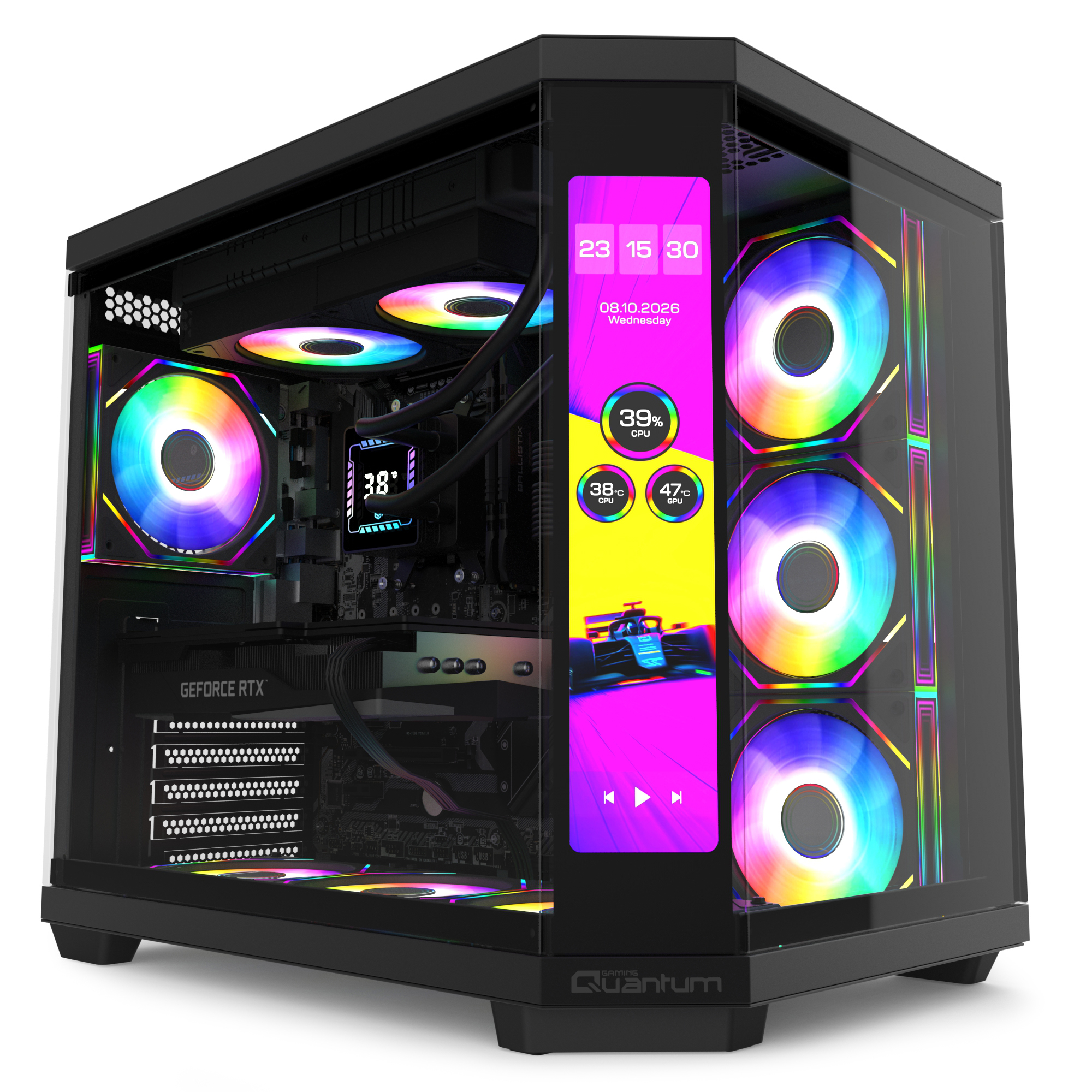Cam panelli, renkli RGB fanlı ve sistem istatistiklerini gösteren ekranlı siyah bir oyun bilgisayarı.