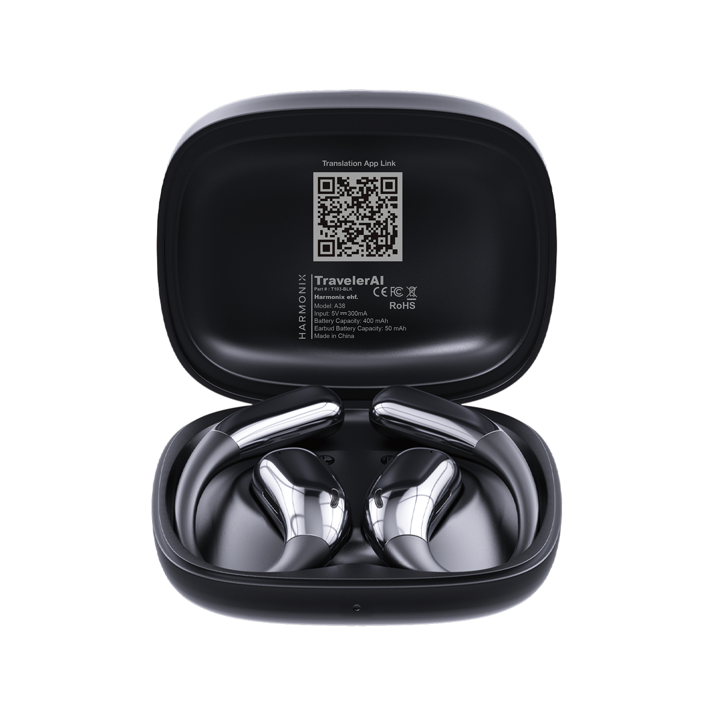 Offenes schwarzes Ladeetui mit glänzenden silbernen Ohrhörern, QR-Code und Text im Deckel.