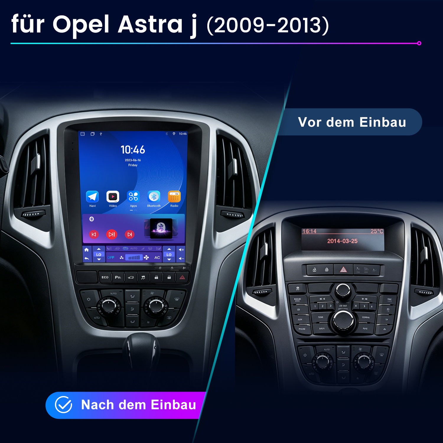 Vergleich der Opel Astra J Mittelkonsole vor und nach dem Einbau eines modernen Touchscreen-Autoradios.