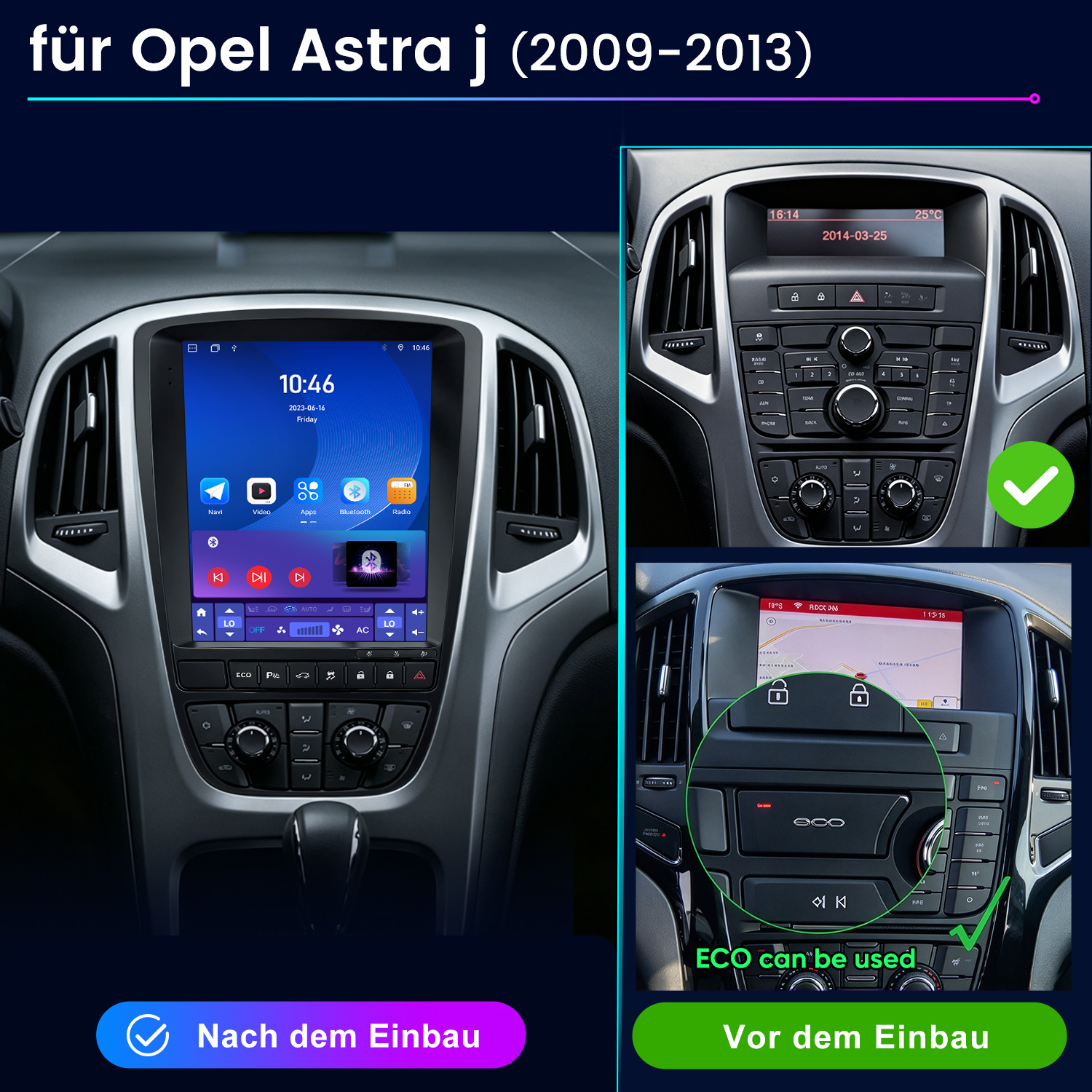 Vergleich der Opel Astra J Mittelkonsole vor und nach dem Einbau eines neuen Navigationssystems.