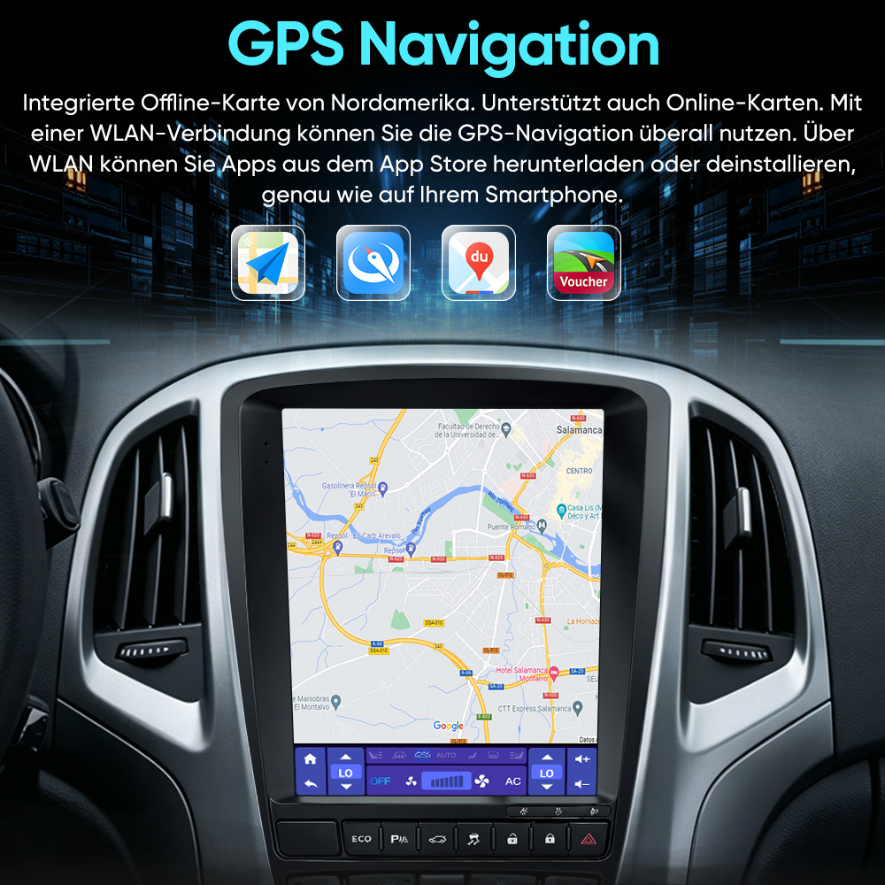 Ein Auto-GPS-Navigationsbildschirm zeigt eine Stadtkarte, umgeben von deutschsprachigem Text und App-Symbolen.