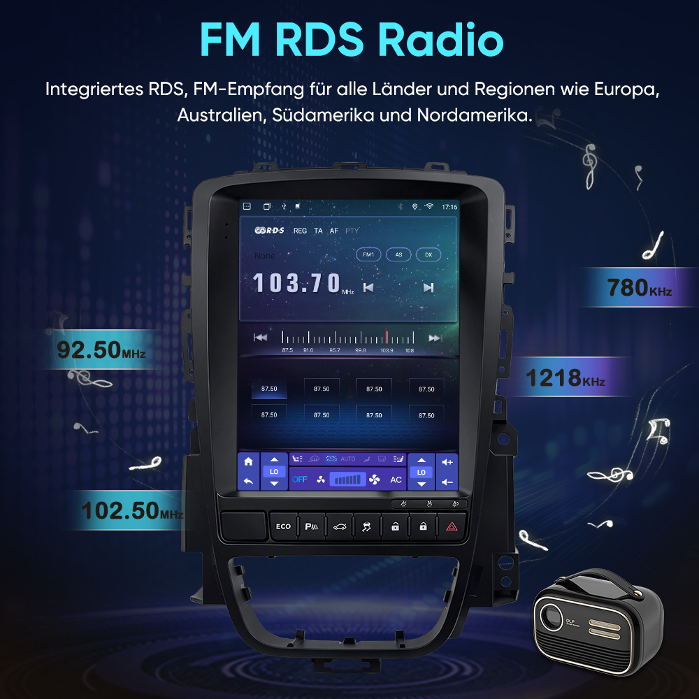 Auto-Multimediasystem mit FM-RDS-Radio, Touchscreen-Display und physischen Tasten in Dunkelblau.