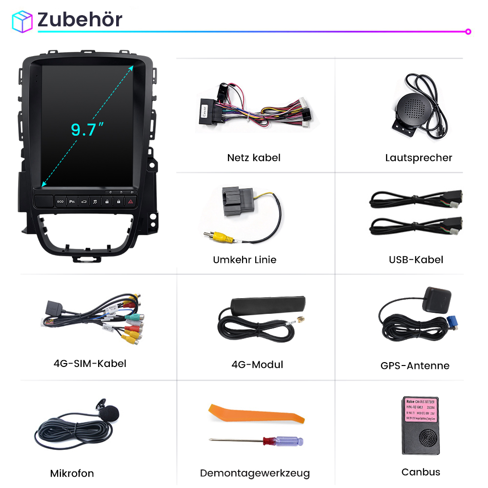 Ein 9,7-Zoll-Autoradio mit Zubehör wie Kabeln, Mikrofon und Canbus.