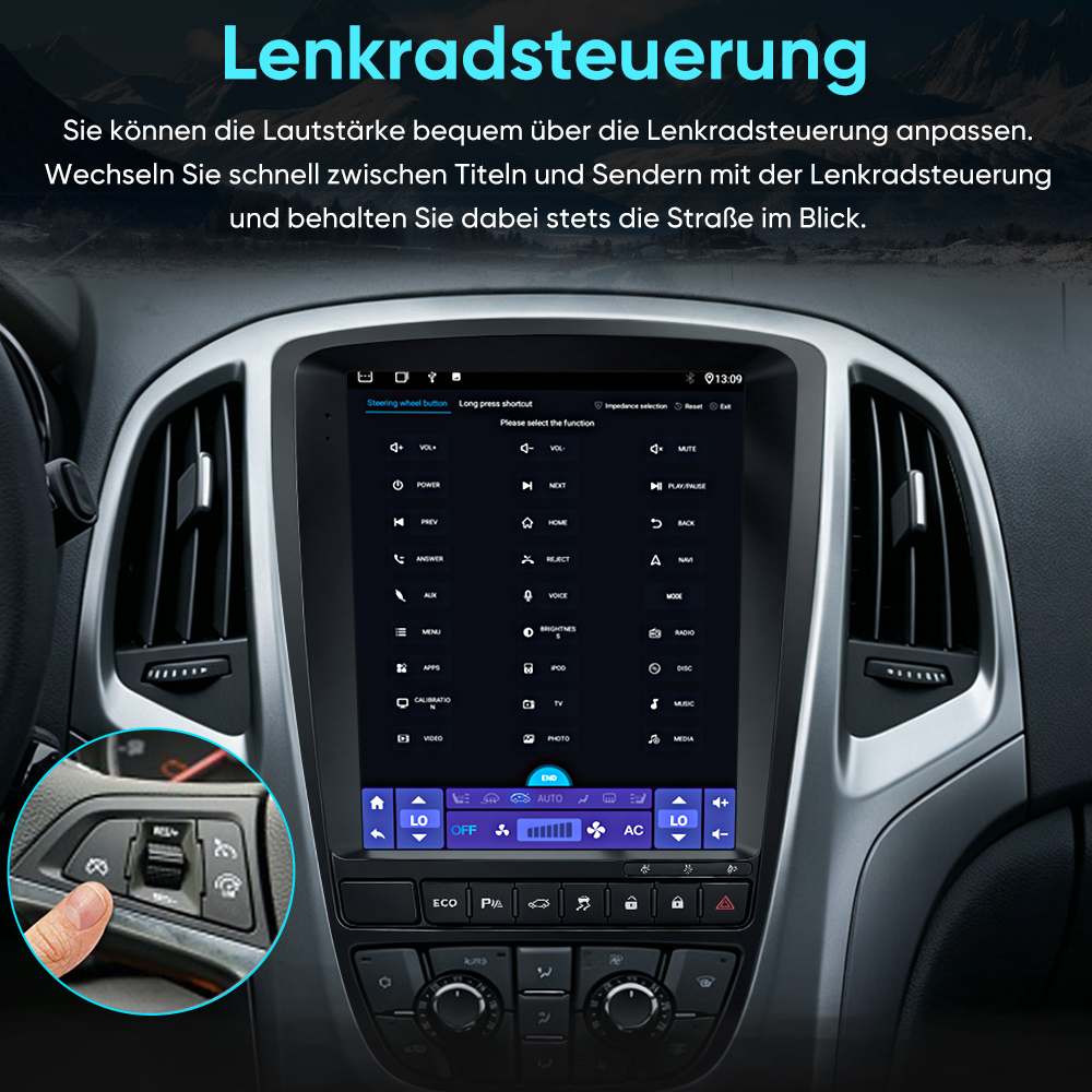Ein Auto-Armaturenbrett mit einem großen Touchscreen in der Mitte und Klimabedienelementen.