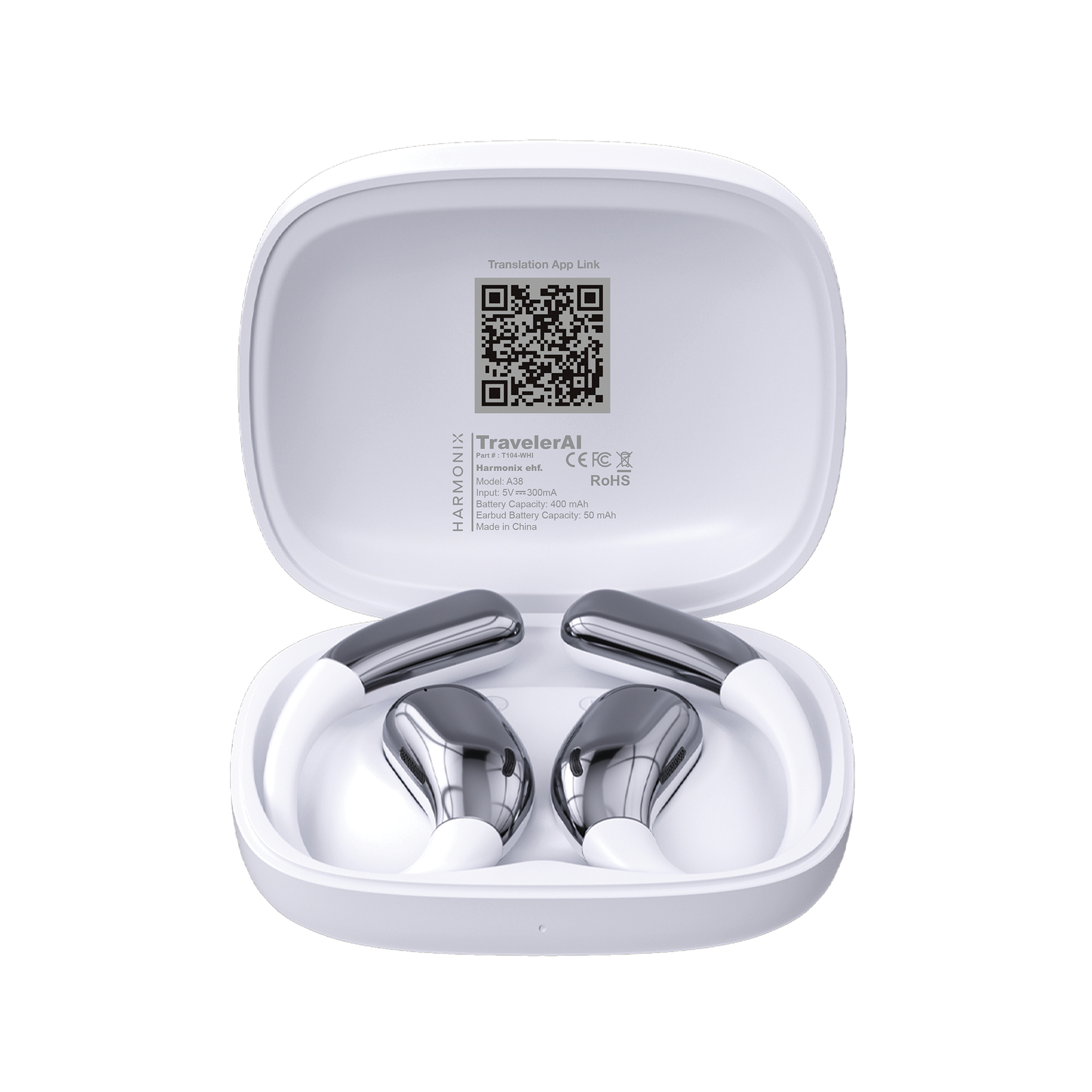 Weiß-silberne Open-Ear-Kopfhörer in Ladecase mit QR-Code im Deckel.