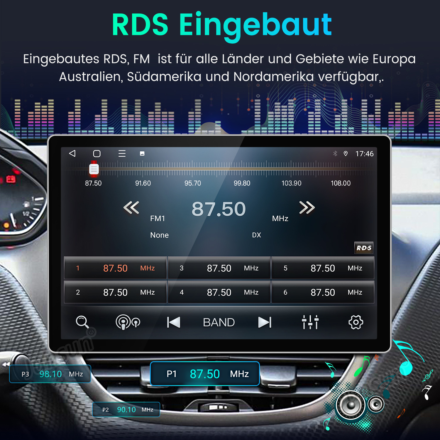 Ein Car-Audio-Bildschirm zeigt die FM-Radio-Schnittstelle mit RDS-Funktion, Frequenzreglern und gespeicherten Sendern.