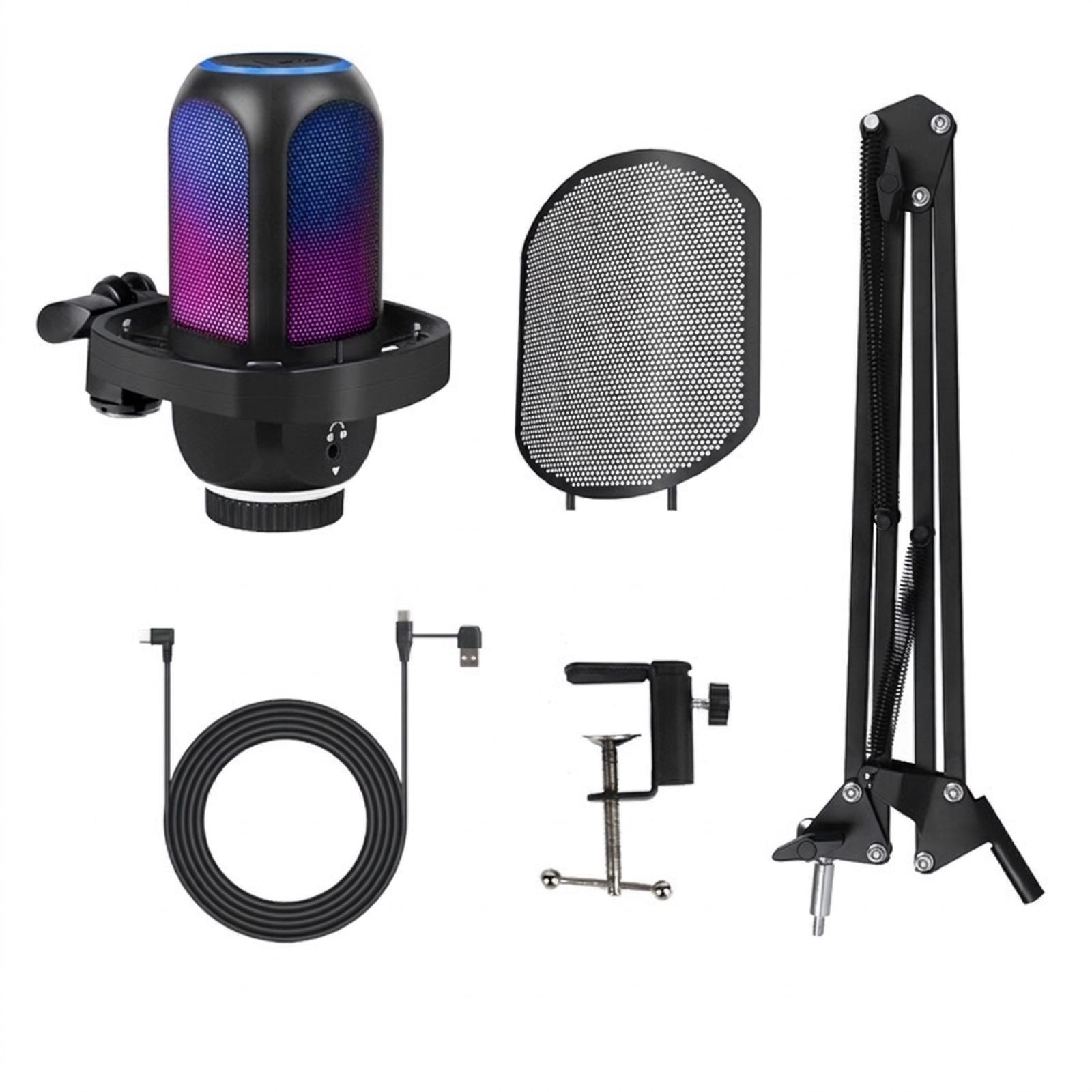 Ein RGB-Mikrofon, ein Pop-Filter, ein Armständer, ein USB-Kabel und eine Tischklemme auf weißem Hintergrund.