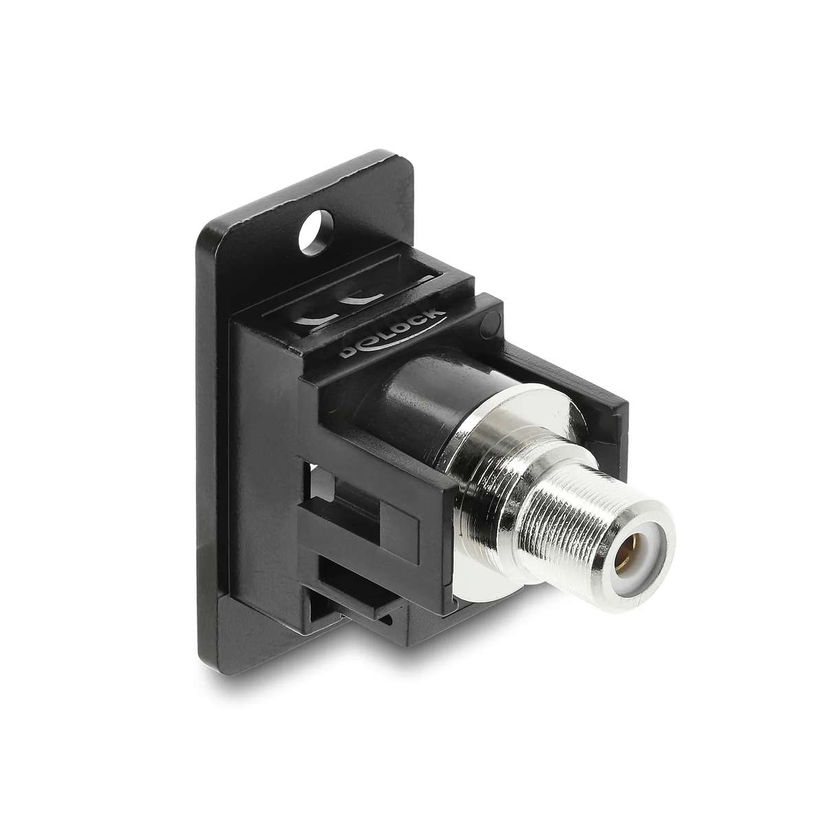 Ein schwarzer Delock Koaxialadapter mit einer silbernen F-Buchse auf einer weißen Oberfläche.