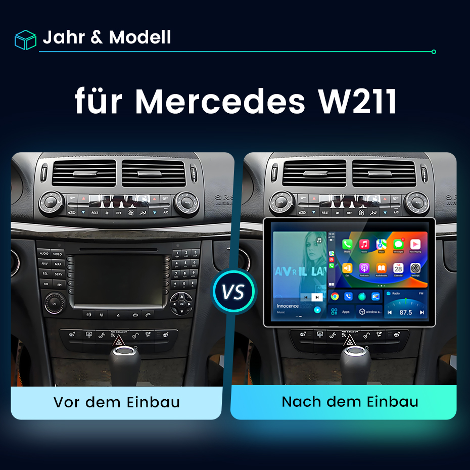 Mercedes W211 Armaturenbrett vor und nach dem Einbau eines neuen Touchscreens.