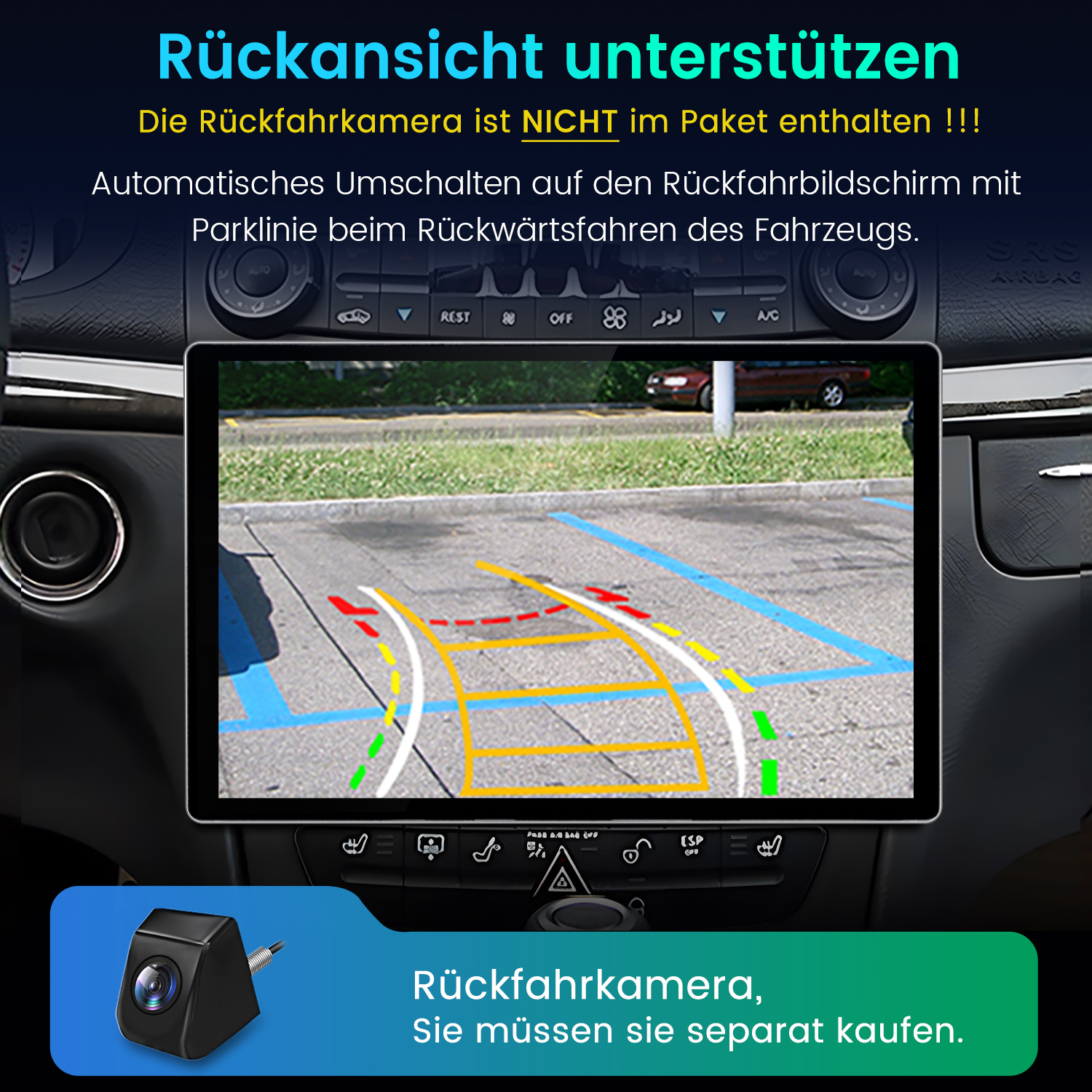 Autobildschirm zeigt Parkplatzansicht mit Führungslinien, darüber Text und unten kleine Kamera.