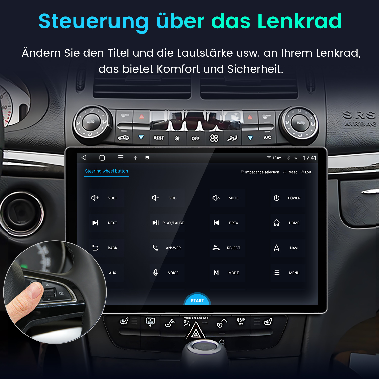 Autoinnenraum mit Touchscreen und Zoom auf Lenkradtasten zur Steuerung.