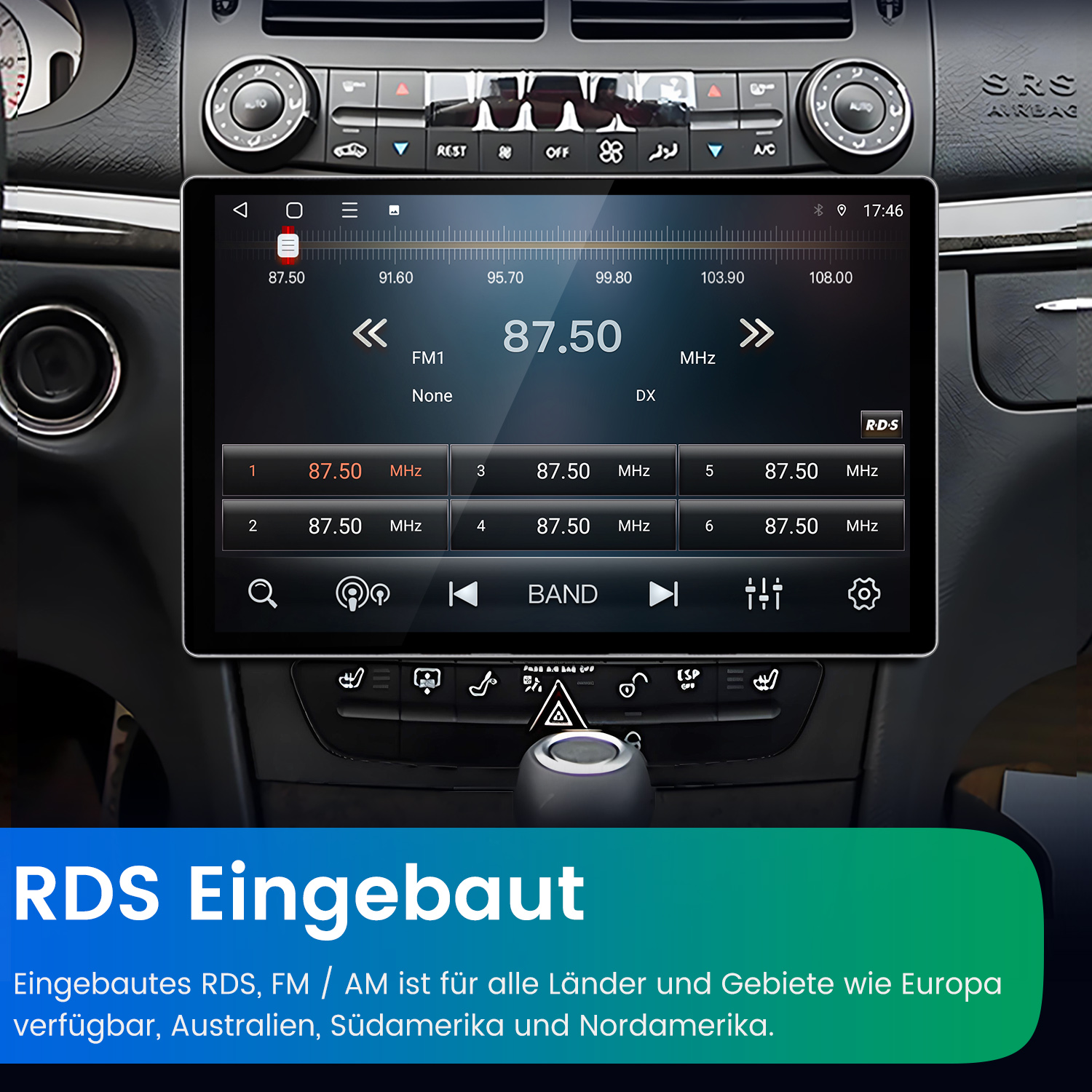 Moderne Auto-Mittelkonsole mit integriertem Touchscreen-Radio, das die Radiofrequenz 87.50 MHz anzeigt.