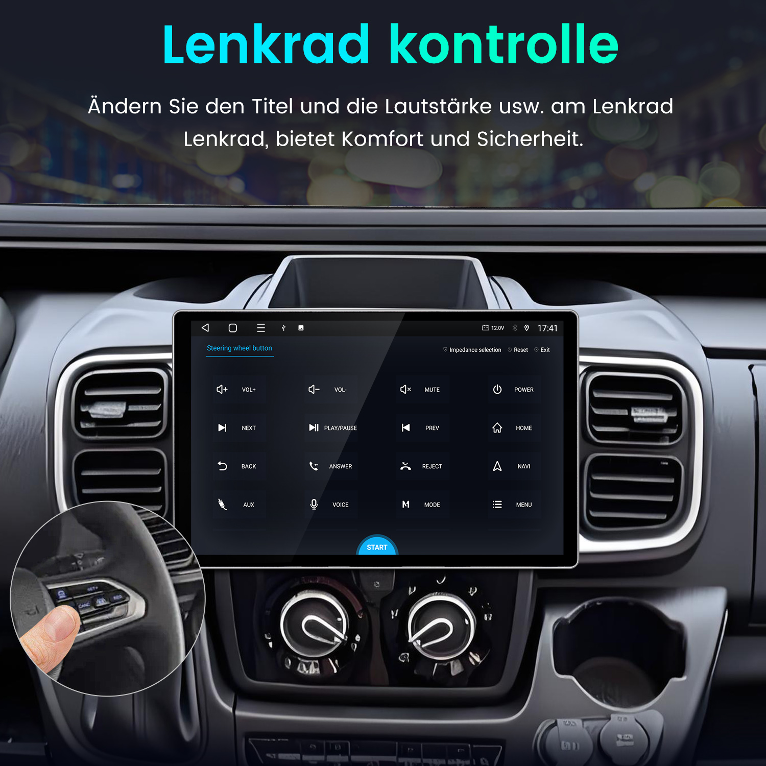Ein Car-Display zeigt Lenkradtasten-Optionen, während ein Insert die Hand am Lenkrad zeigt.